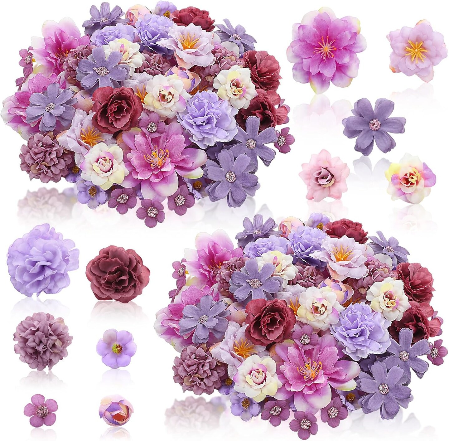 120 Pcs Spring Mini Artificial Flowers – Silk Daisies & Peonies for DIY Decor (Purple,Coquette Style)