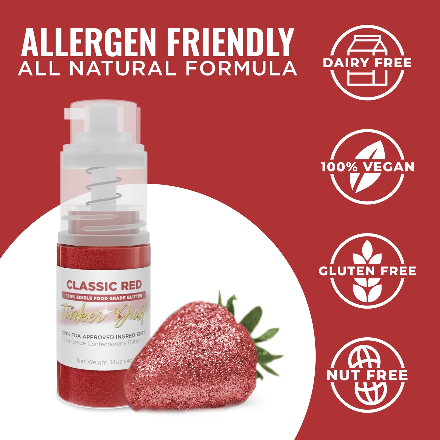 Bakell - Classic Red Tinker Dust Edible Glitter (4g, 1x Spray Pump) for Food, Desserts, and Beverages!