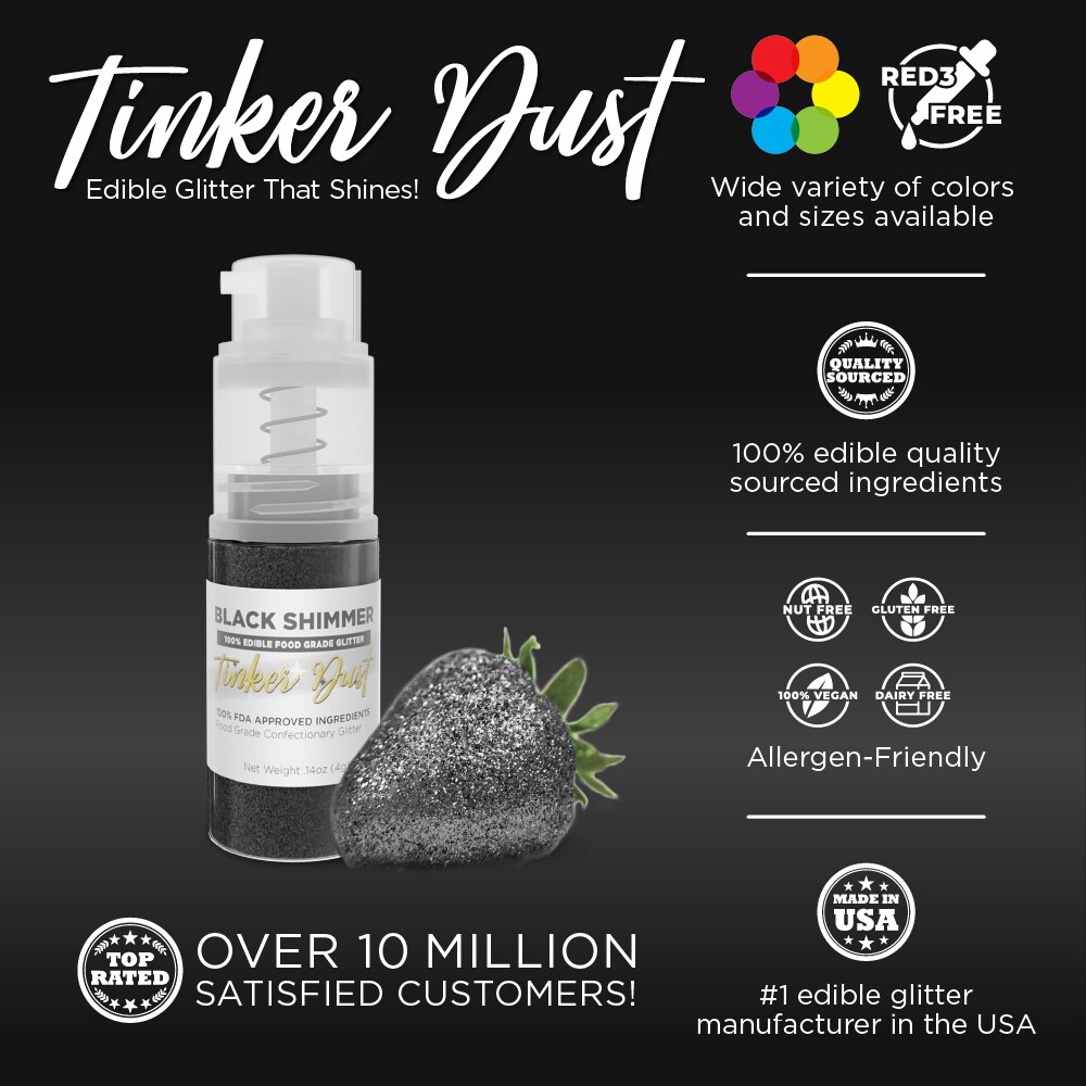 Bakell - Black Shimmer Tinker Dust Edible Glitter (4g, 1x Spray Pump) for Food, Desserts, and Beverages!