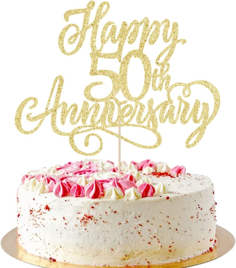 Happy 50th Anniversary Cake Topper - (Gold Glitter) 5"W x 6"H