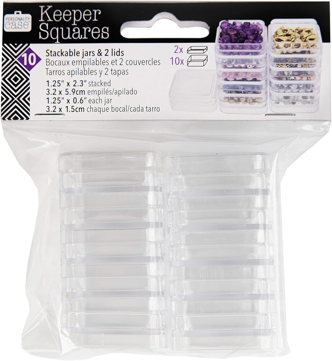The Beadsmith Personality Case &#x2013; 2 Clear Square Stacker Jar Set &#x2013; Each Stack Measures 1.25 x 2.3 inches - Total 10 Jars and 2 lids, for Storage of Small Items, Crafts, Jewelry, Hardware