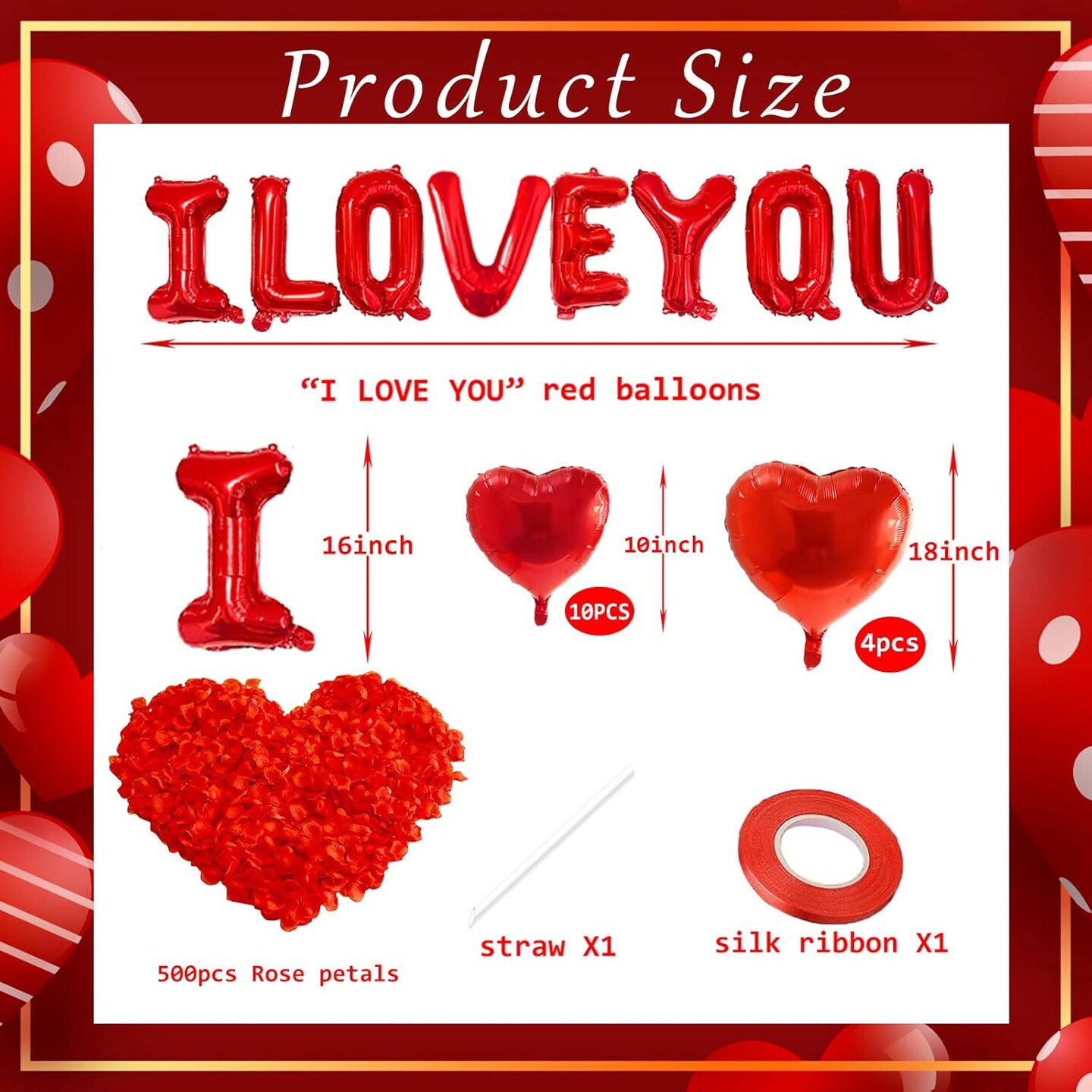 500 Rose Petals, Foil Mylar Love Balloons,I Love You Heart Balloons