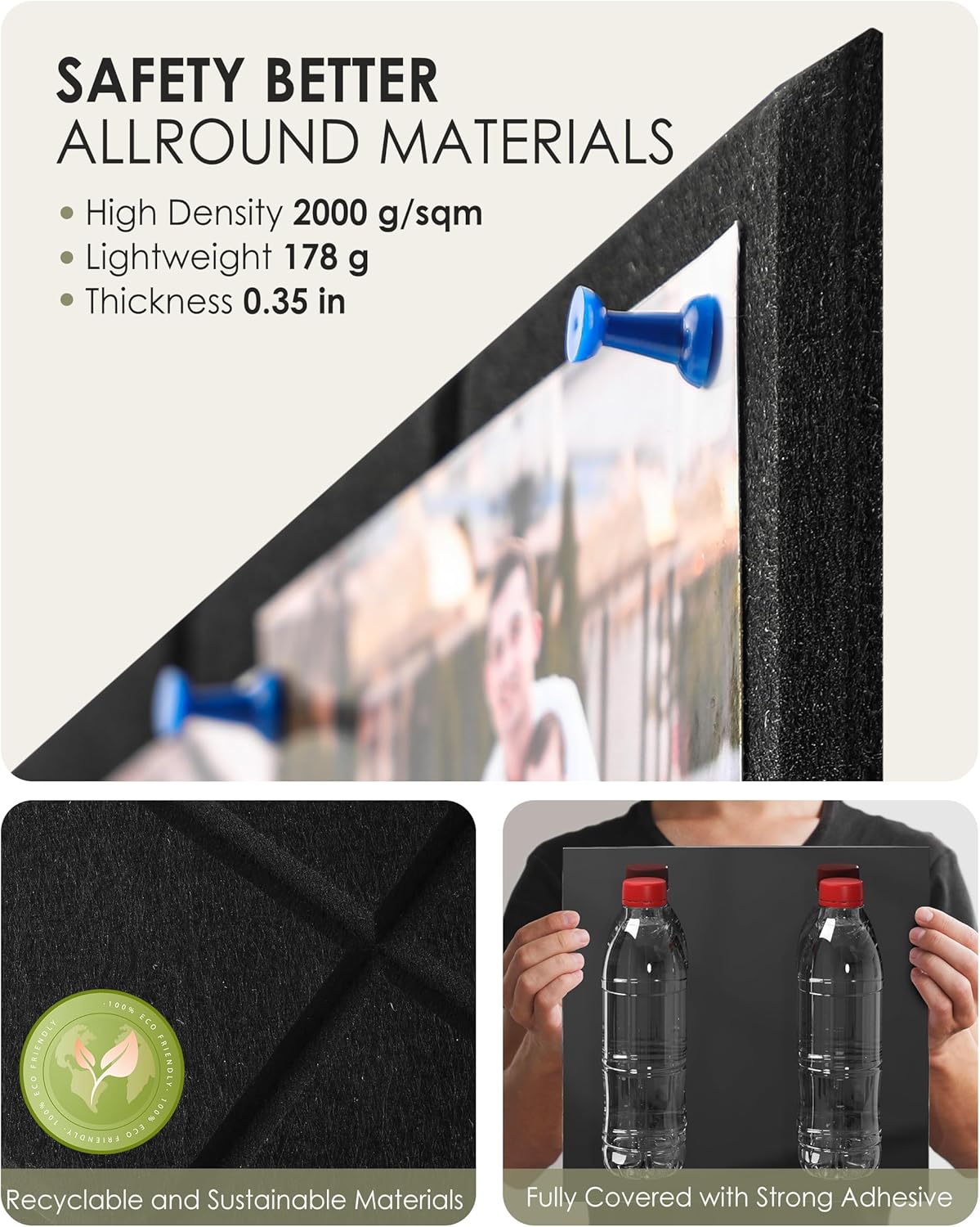 Nine-Grid Cork Board 36&#x22; x 24&#x22; Self-Adhesive Pin Board, 6 Pack Black Felt Bulletin Board