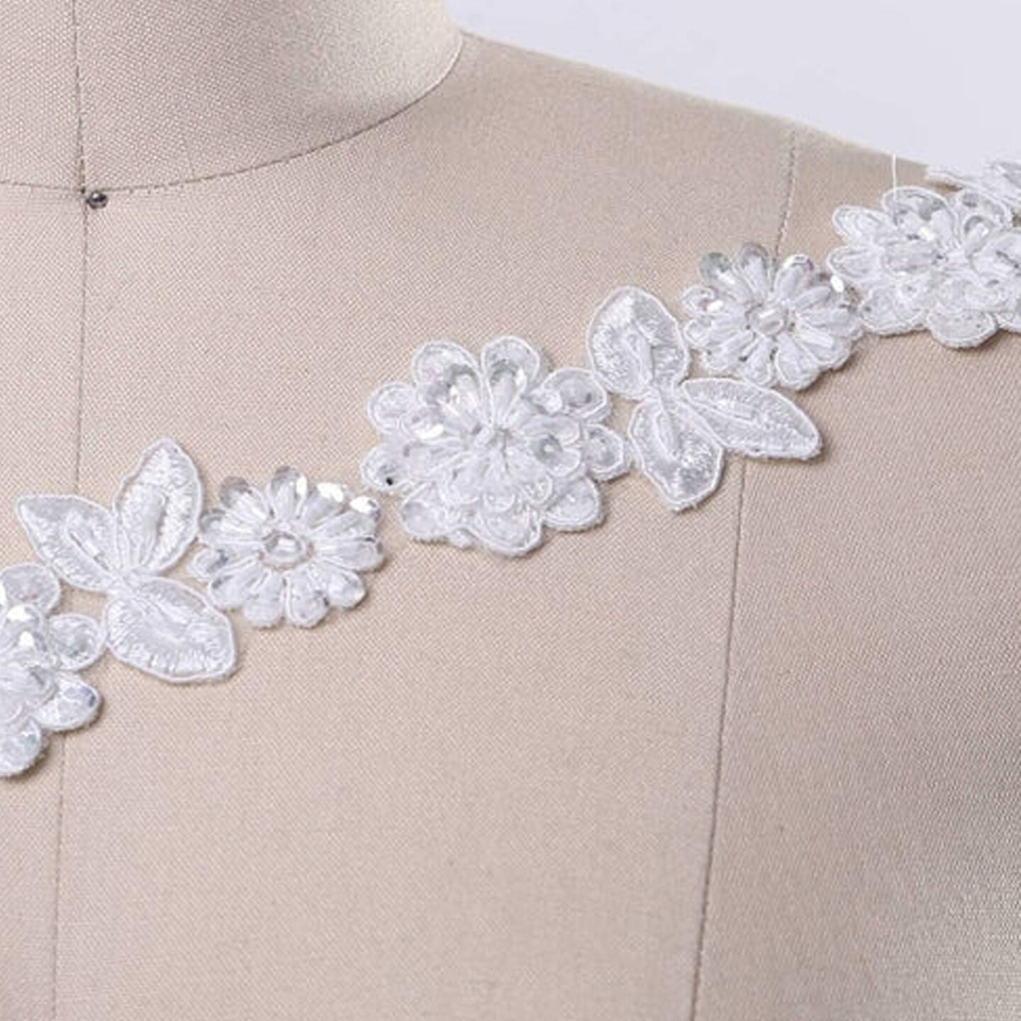(1/2 yard) 18 Inch Ivory Lace Trim Beaded 3D Flower Leaf Bridal Sewing Embellishment