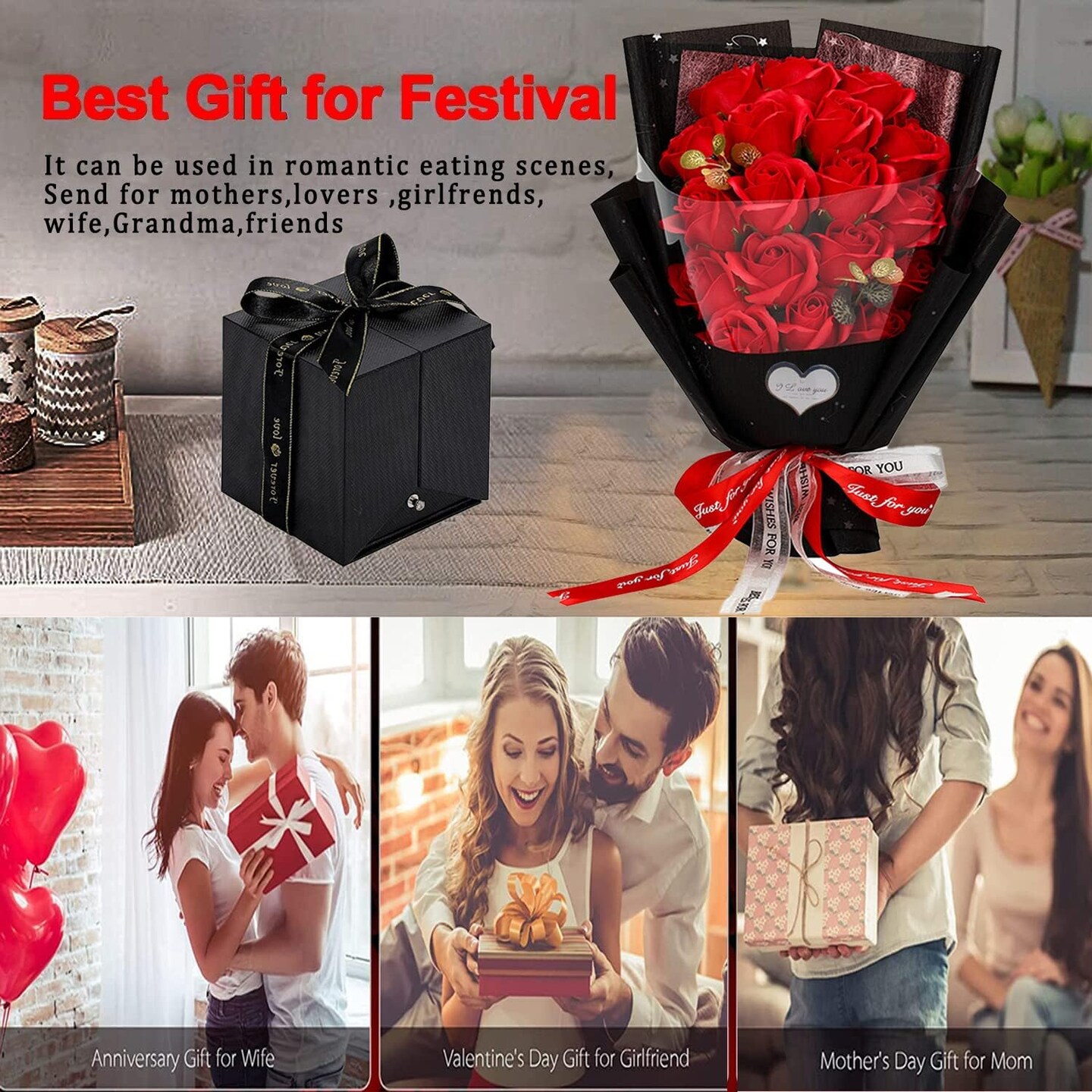 Roses Bouquet Artificial Flower (Bright Red) 14"D x 8"W x 4.5"H