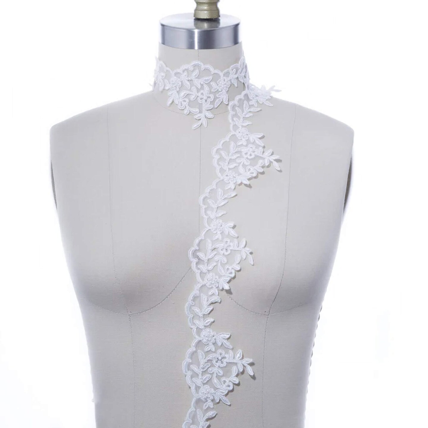 1 Yard 3 Inch Wide White Polyester Bridal Lace Trim Leaf Motif Beaded Scalloped Edging