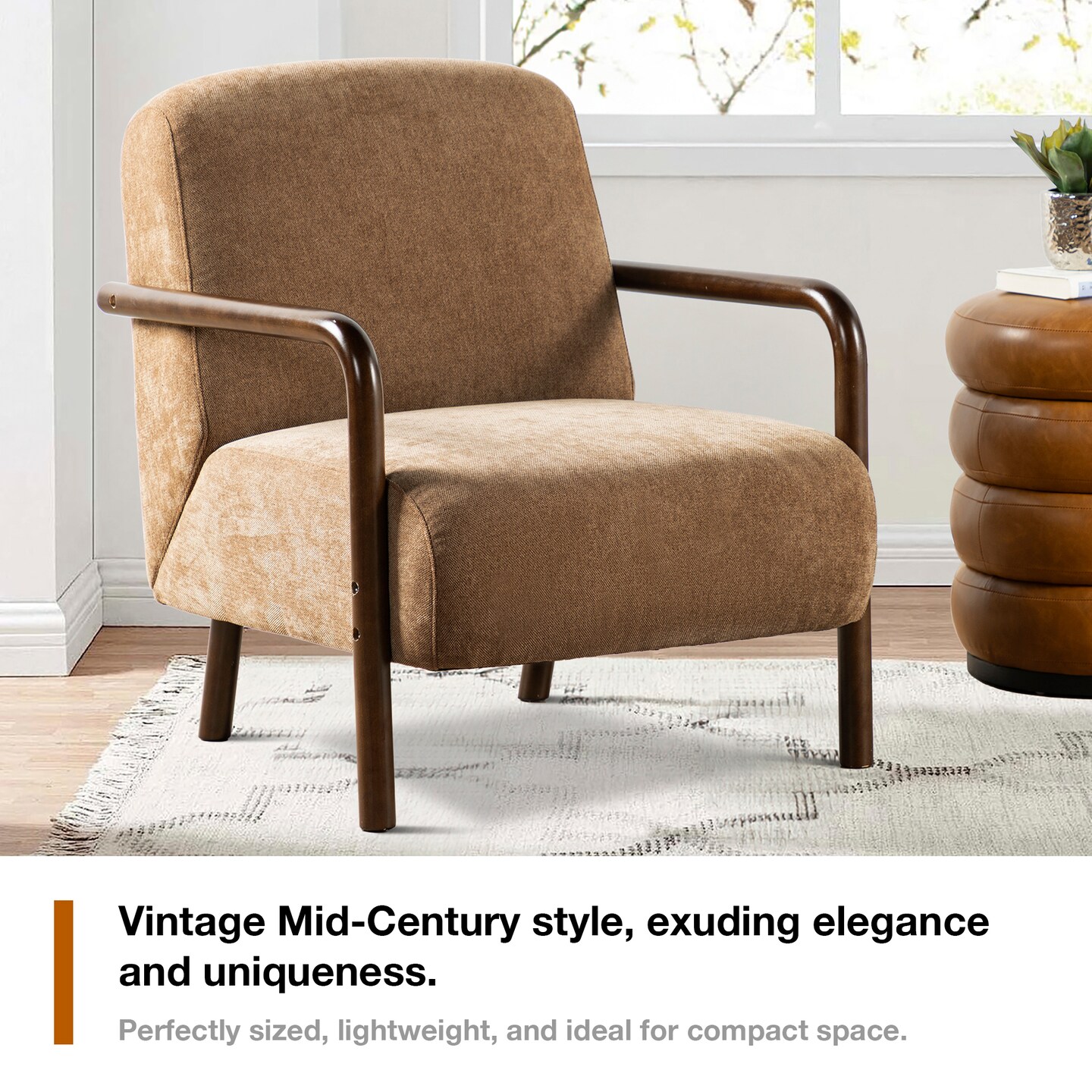 Mid-Century Modern Brown Fabric Thick Armchair with Walnut Rubberwood Frame