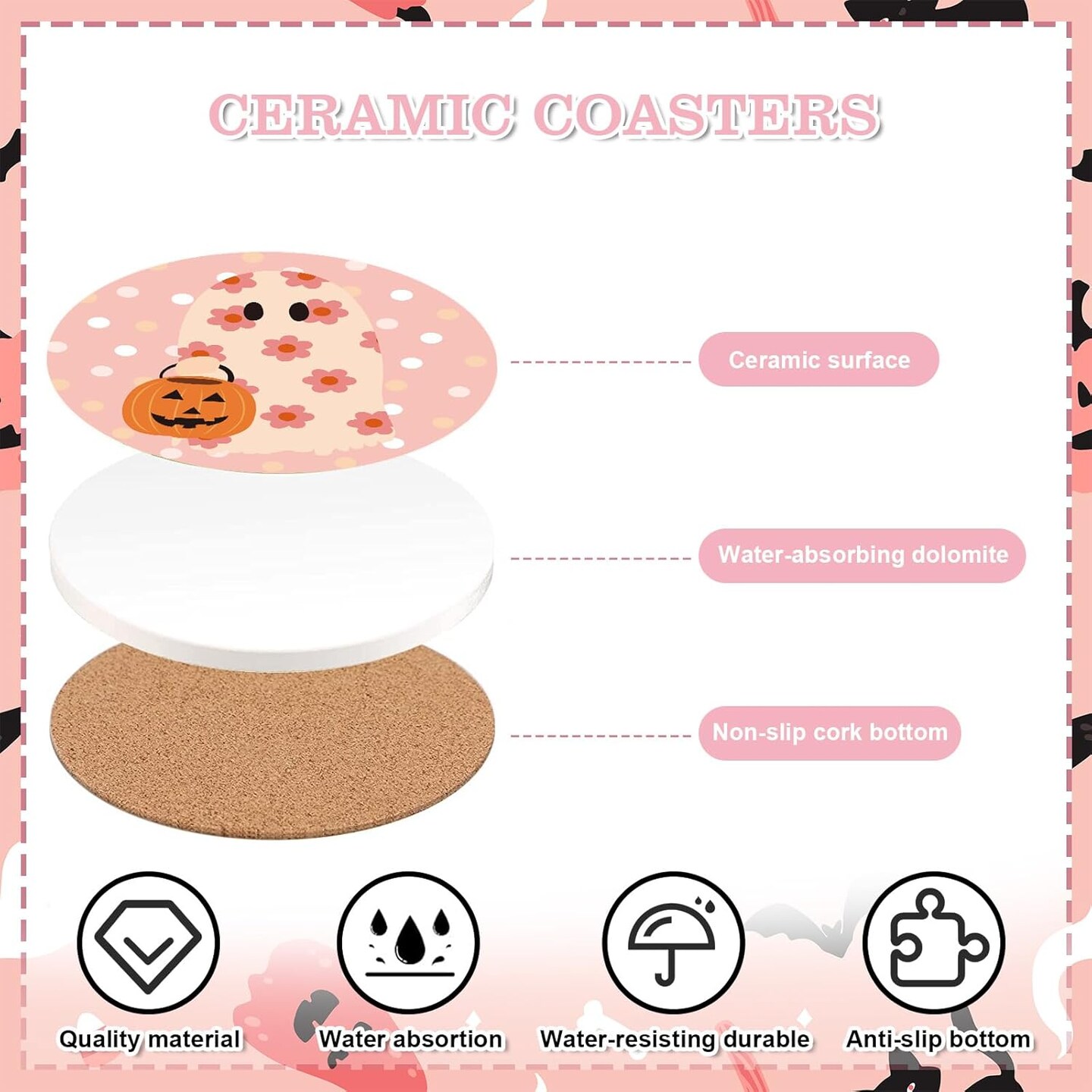 4Pcs Halloween Coasters Pink Ghost Bat Pumpkin Ceramic Coasters
