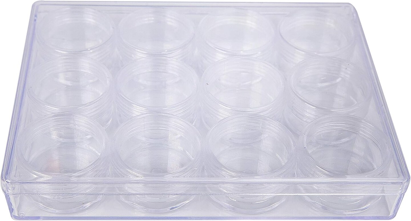 The Beadsmith Personality Case - Clear Storage Organizer Box &#x2013; 6.4 x 4.8 x 1 inches - Includes 12 Small Containers with lids - 1.5 x 0.8 inches, Bead Holder