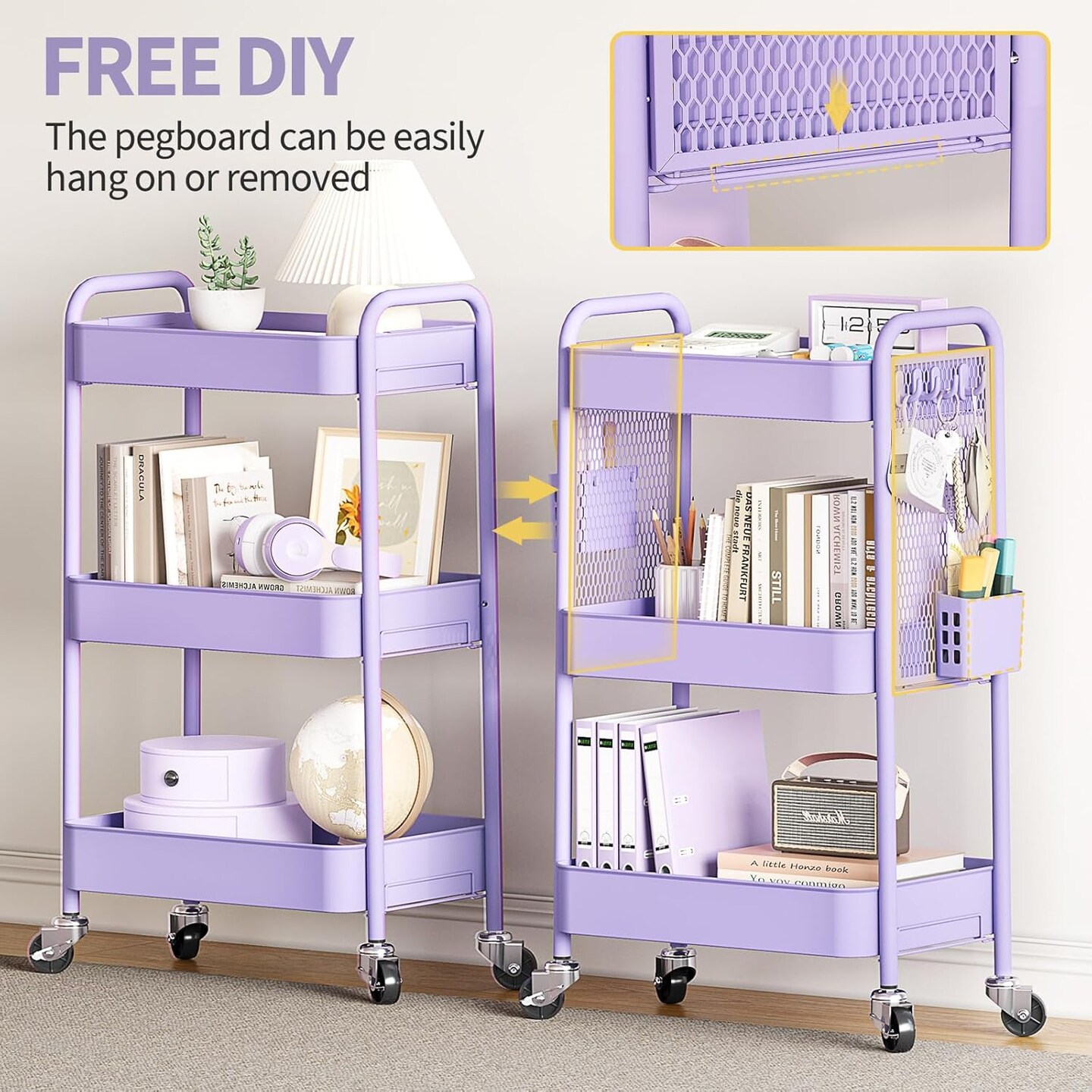 3 Tier Rolling Cart Storage Organizer - Purple