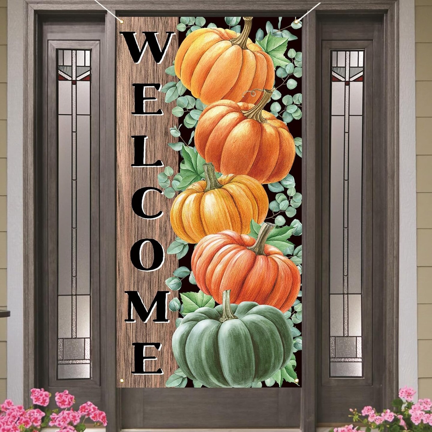 Fall Pumpkin Eucalyptus Door Cover for Front Porch,7236in