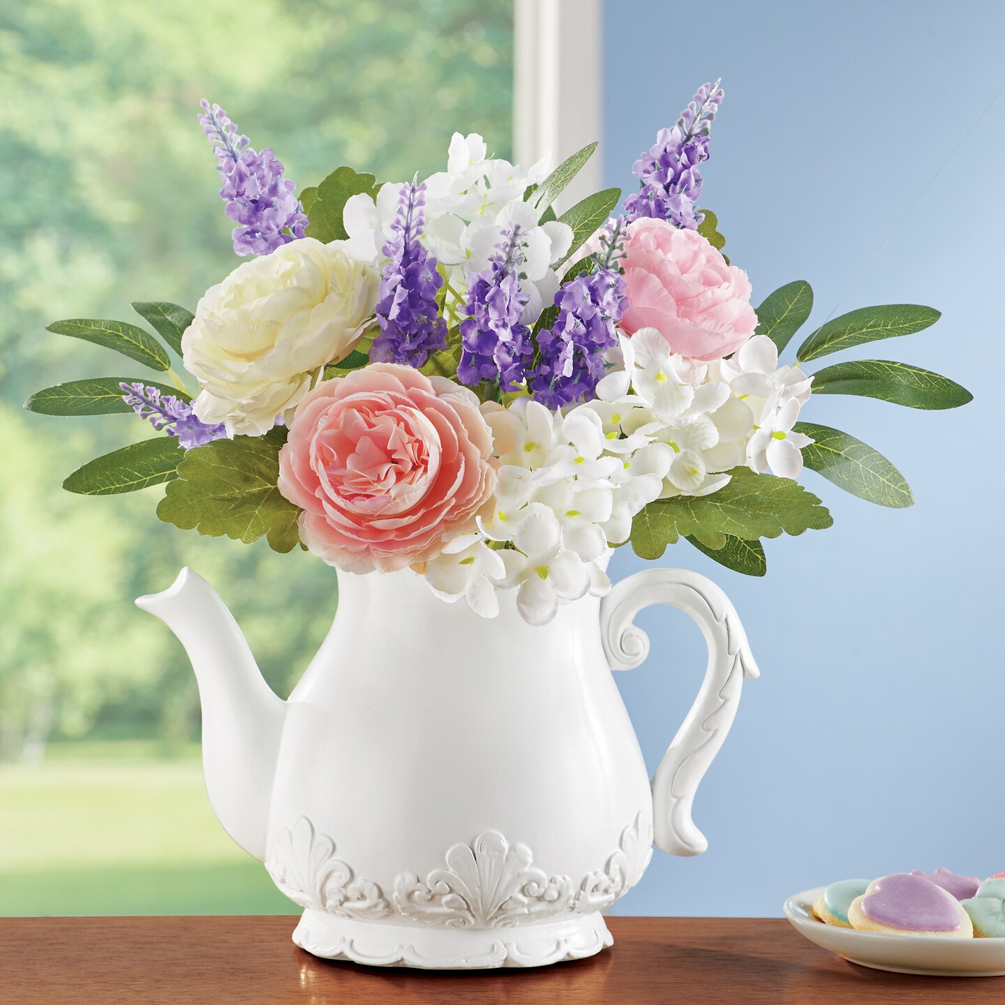 Collections Etc Ceramic White Teapot Floral Arrangement Centerpiece