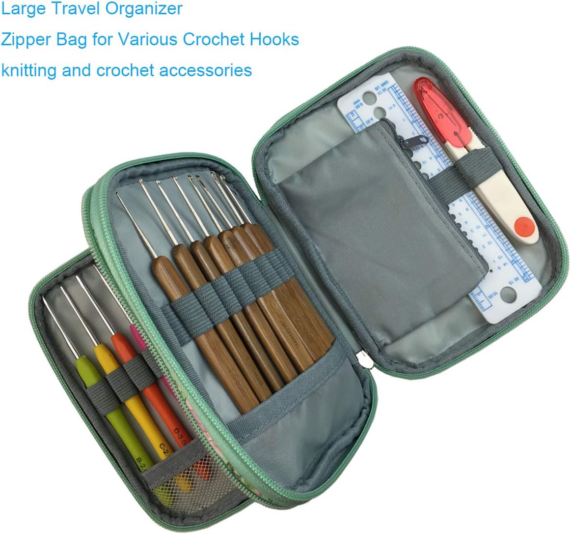 Crochet Hook Organizer Case – Zipper Storage Bag (Hooks Not Included), Large Capacity Crochet Needle Holder with Elastic Bands & Mesh Pockets for Knitting Accessories, Portable Travel Crochet Tool Kit Organizer