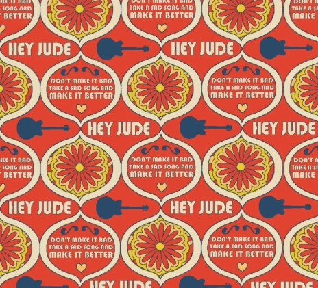 Licensed 1970&#x27;s Band Beatles Hey Jude Red Cotton Fabric by the Yard