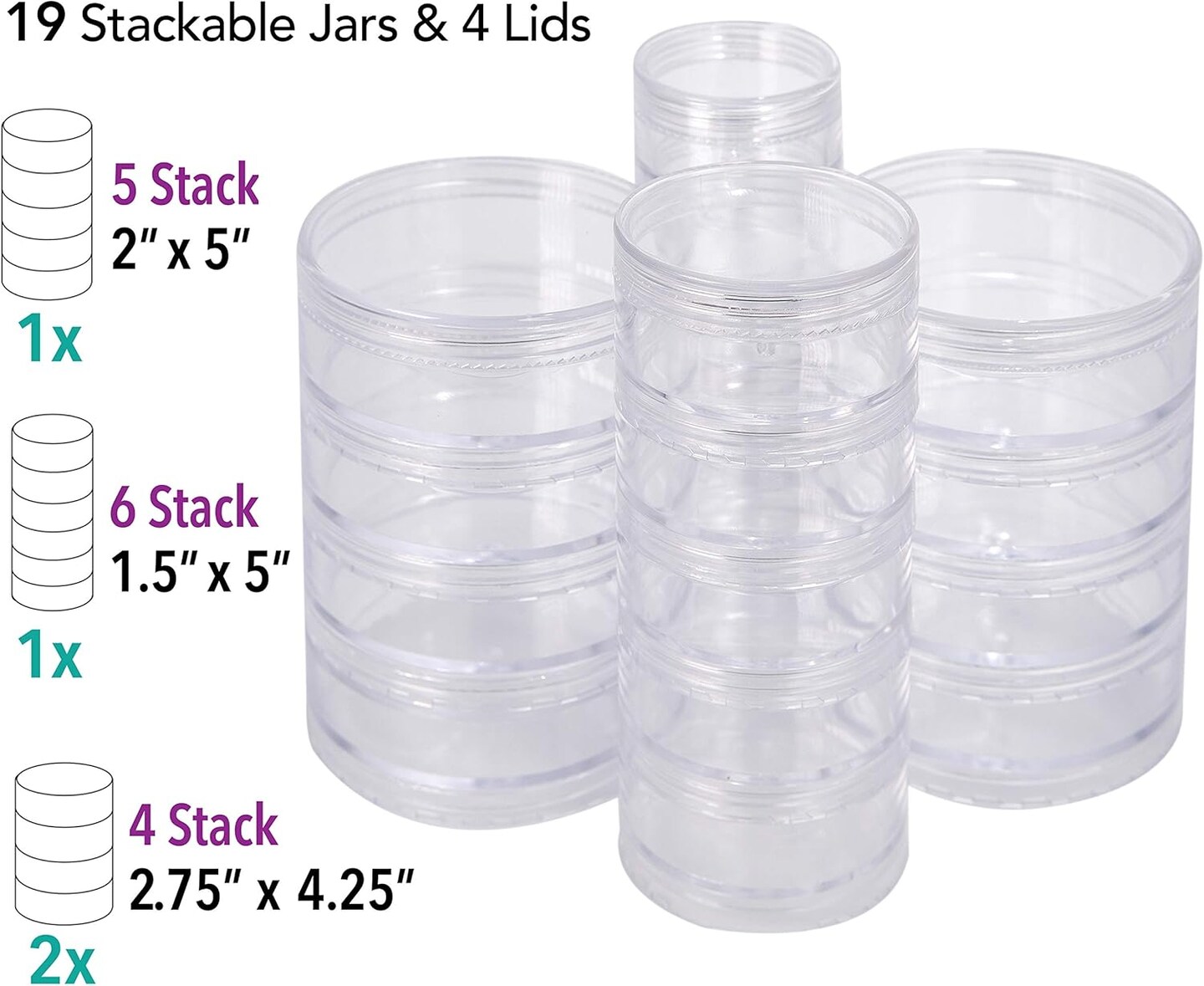 The Beadsmith &#x2013; Stack Jar 4-Piece Assortment &#x2013; 2 x 4 Stack, 1 x 5 Stack, 1 x 6 Stack, Pill containers, Empty Pot Jars, refillable Cosmetic containers, Small Plastic Organizers