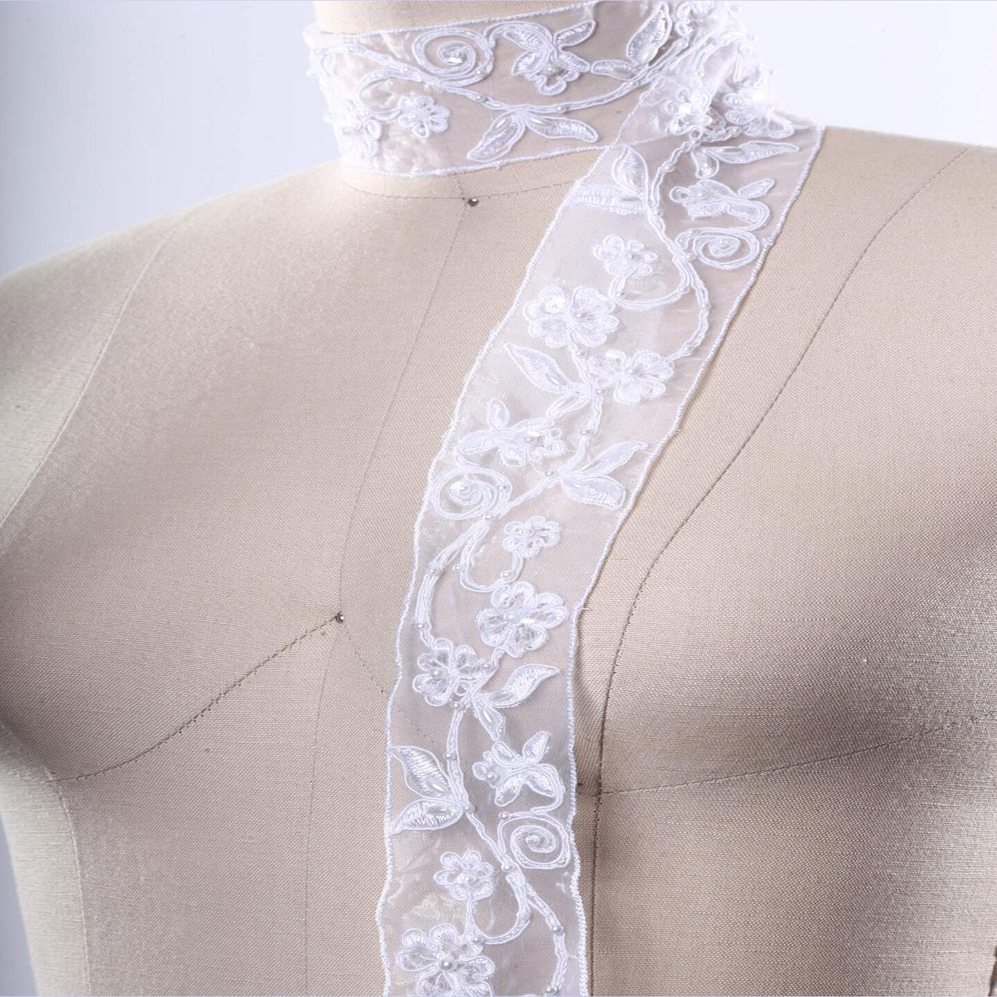 1 Yard White Beaded Floral Swirl Lace Trim Chiffon Bridal 2 Inch Versatile Straight Edge