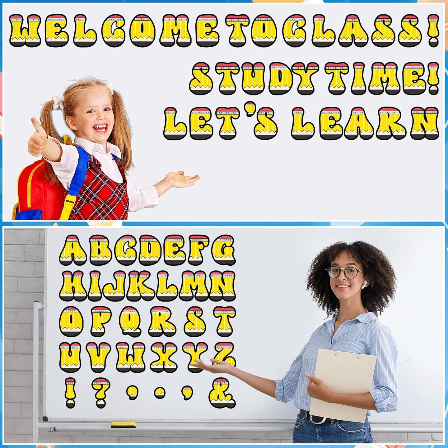 150 PCS Large 6&#x22; Bulletin Board Letters Set, Pencil Themed Classroom Alphabet