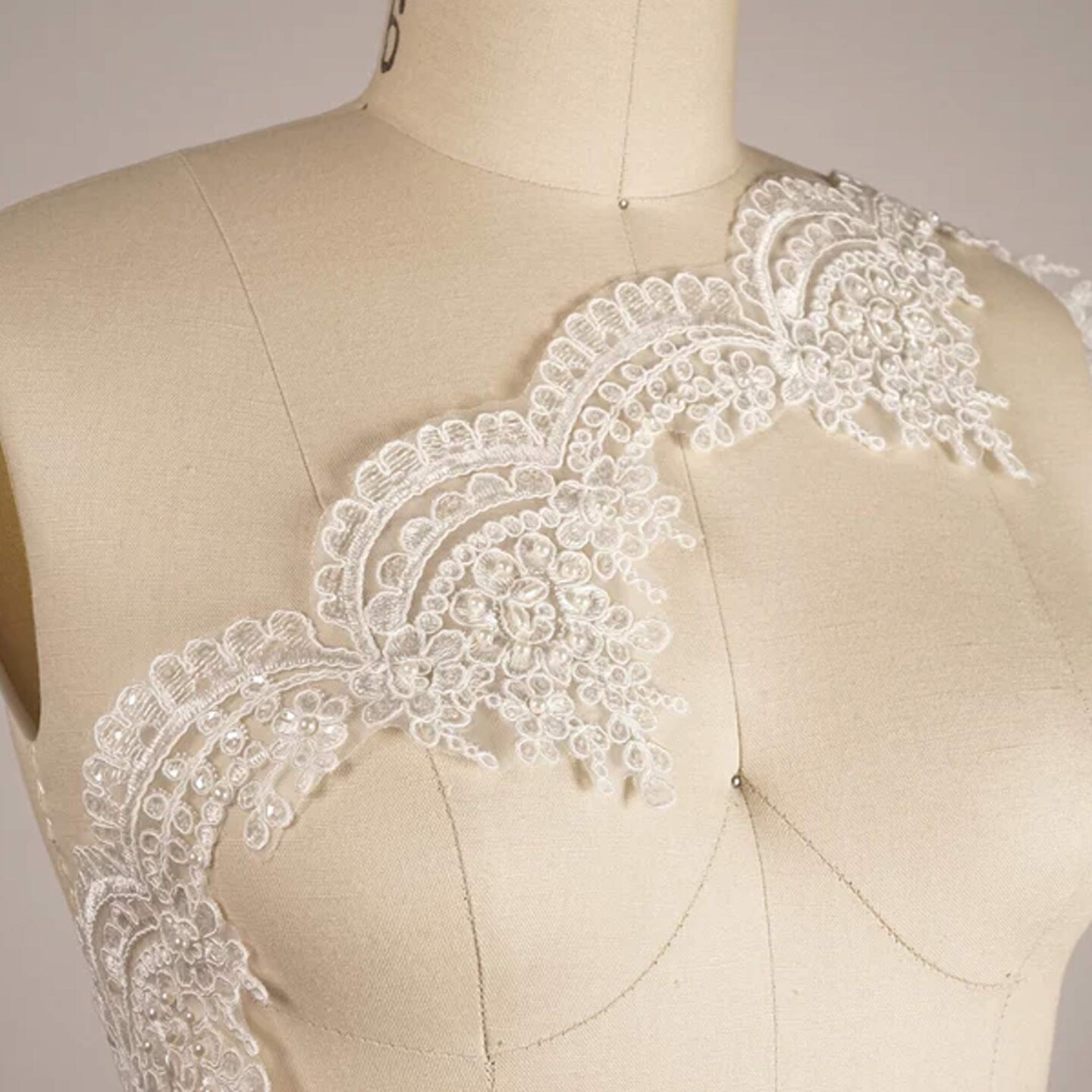 1 Yard Off-White Bridal Veil Lace Trim Wide Pearl Beaded Sequin Embellishment