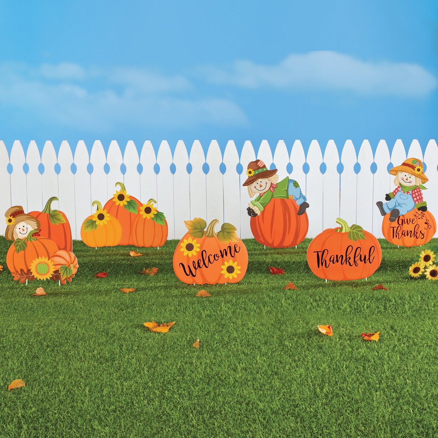 Collections Etc Harvest Scarecrow and Pumpkins Garden Stakes - Set of 6