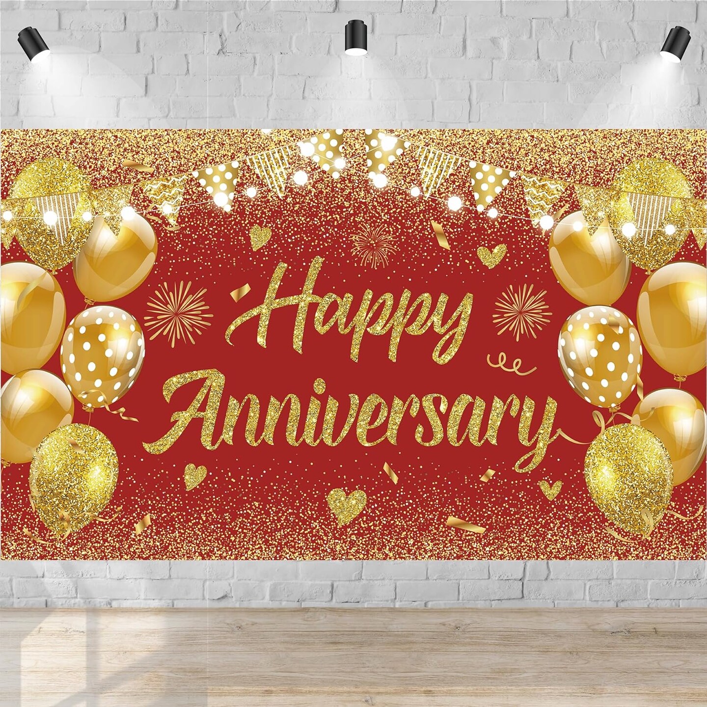 43 Inch-Wedding Anniversary Banner Red Gold Happy Decorations (Gold) 70.87 inches x 43.31 inches