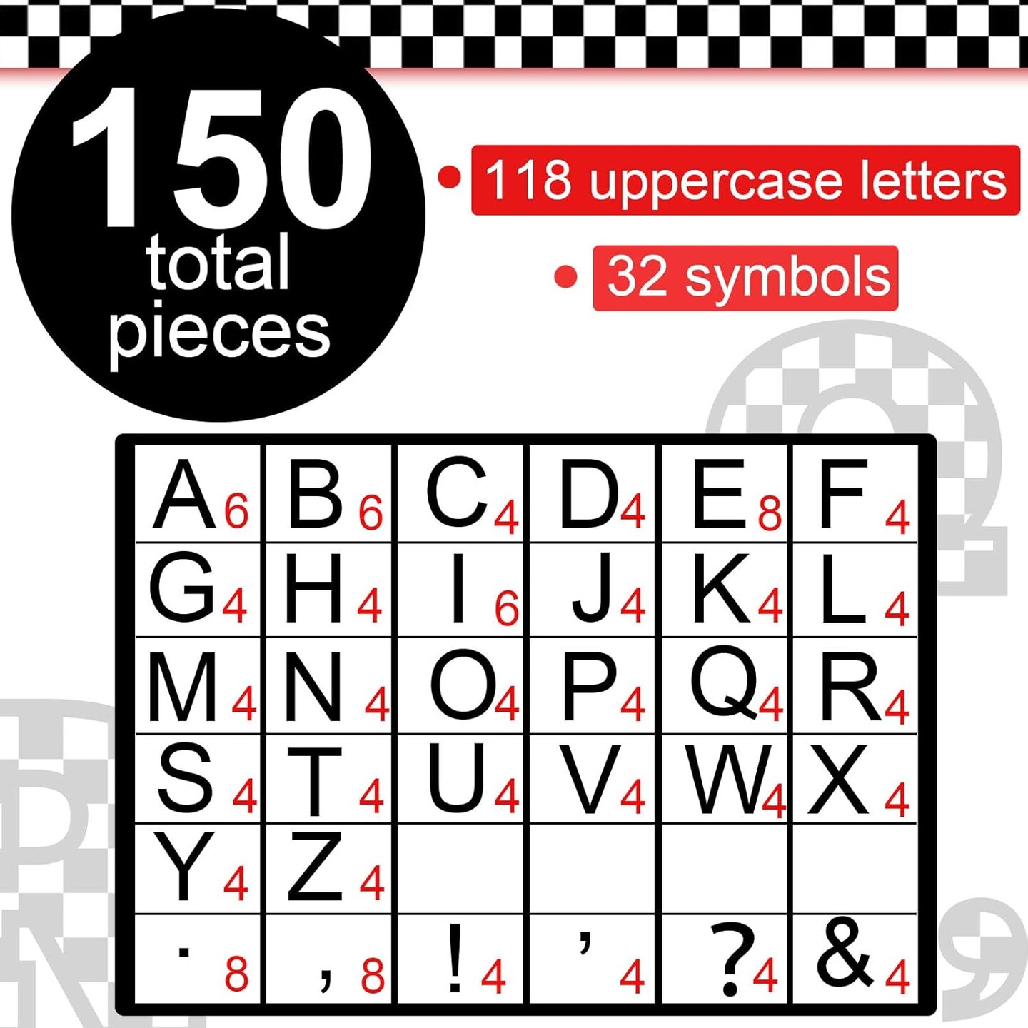 150 PCS Checkered Large 6 Inch Font Letters and Punctuation Set Black White (Black Checkered)