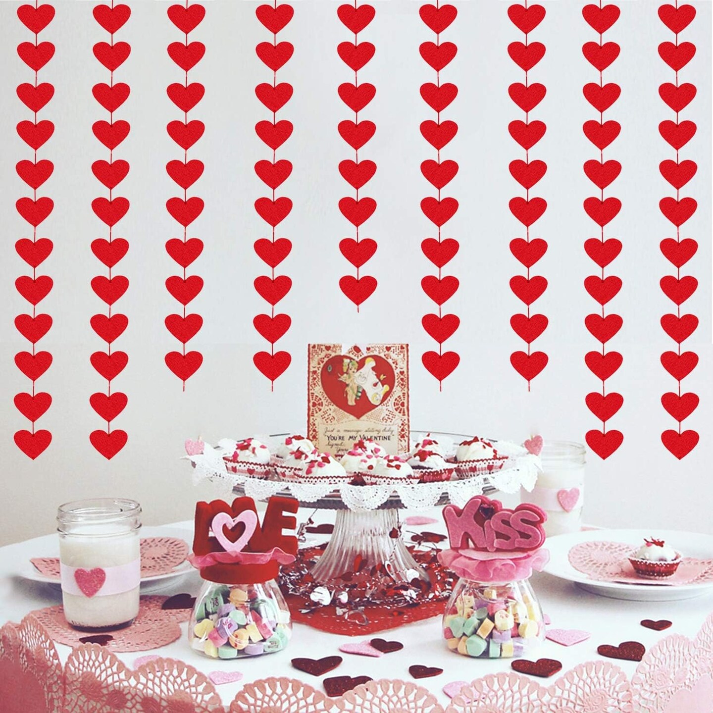 72 Red Hearts Felt Party Garland