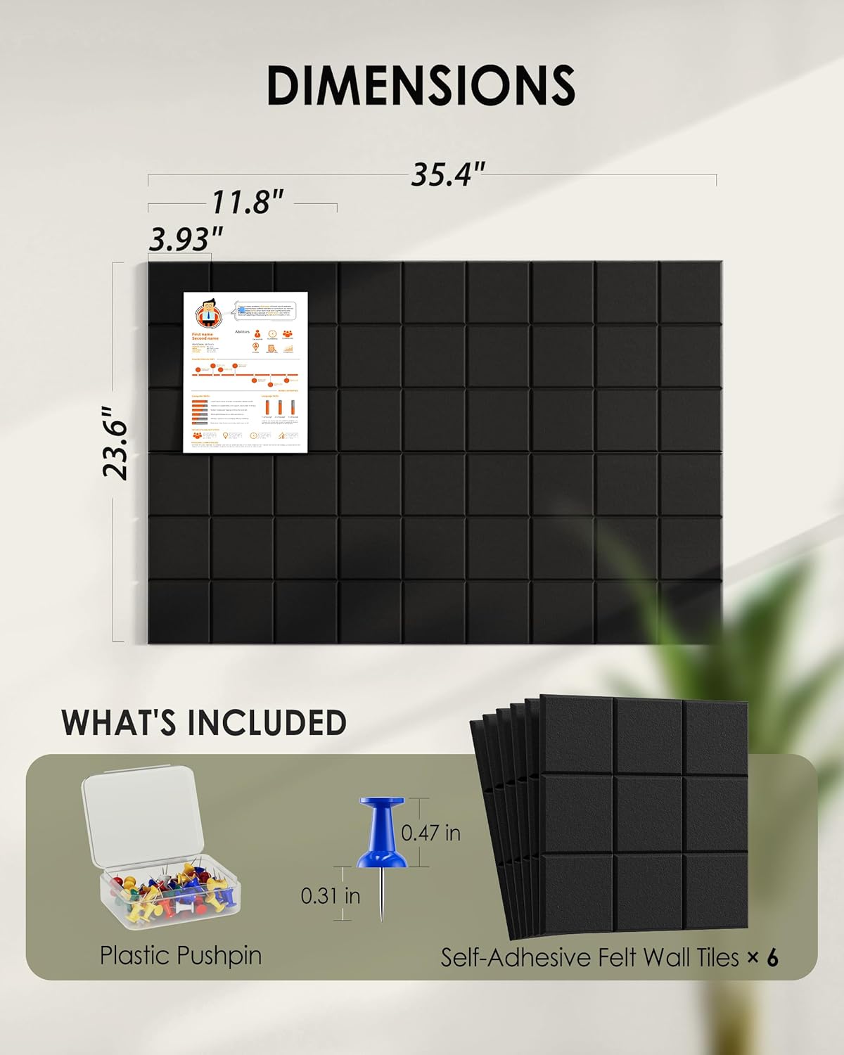 Nine-Grid Cork Board 36&#x22; x 24&#x22; Self-Adhesive Pin Board, 6 Pack Black Felt Bulletin Board