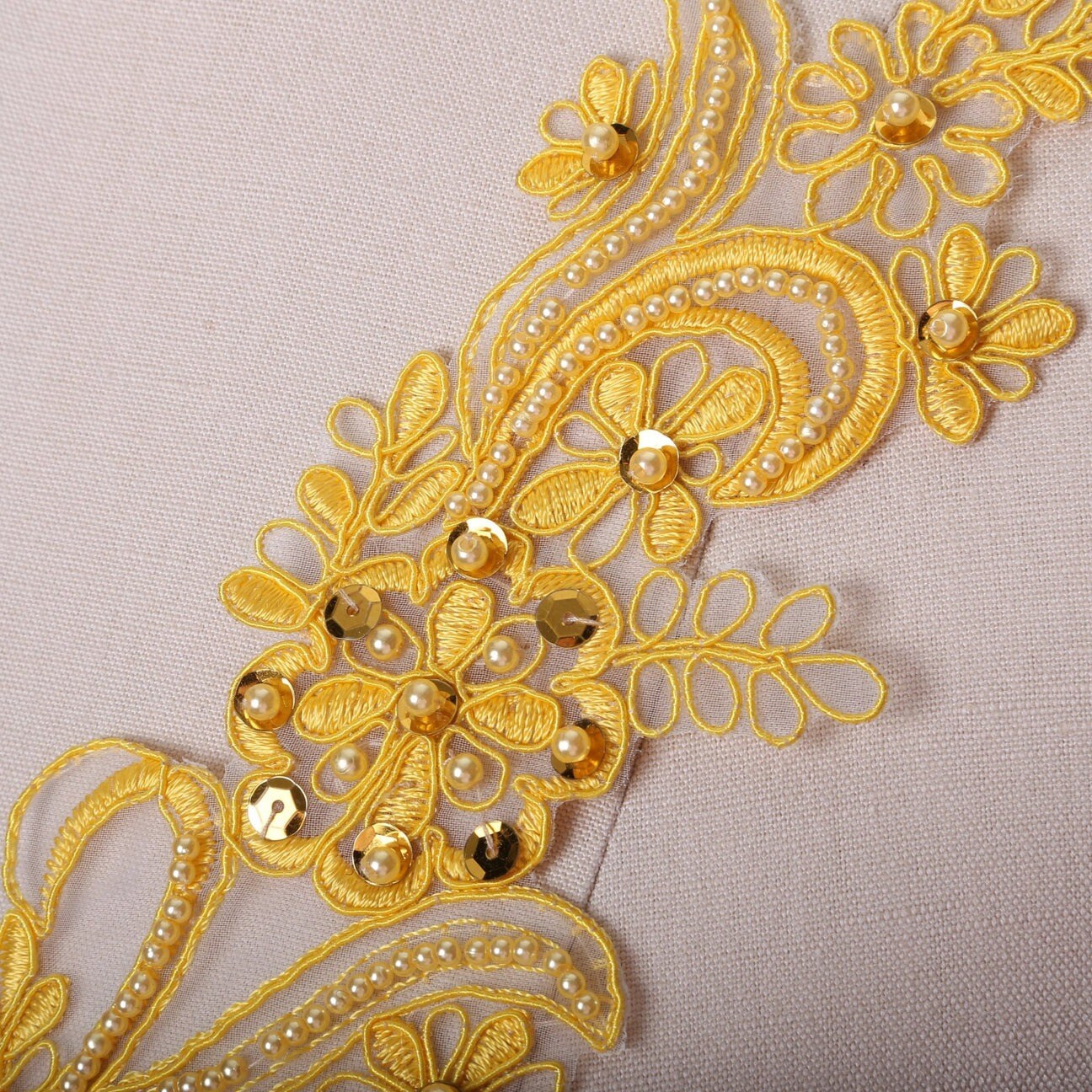 Yellow Beaded Lace Applique Pair With Pearl Detail 8.5 X 3.5 Inch