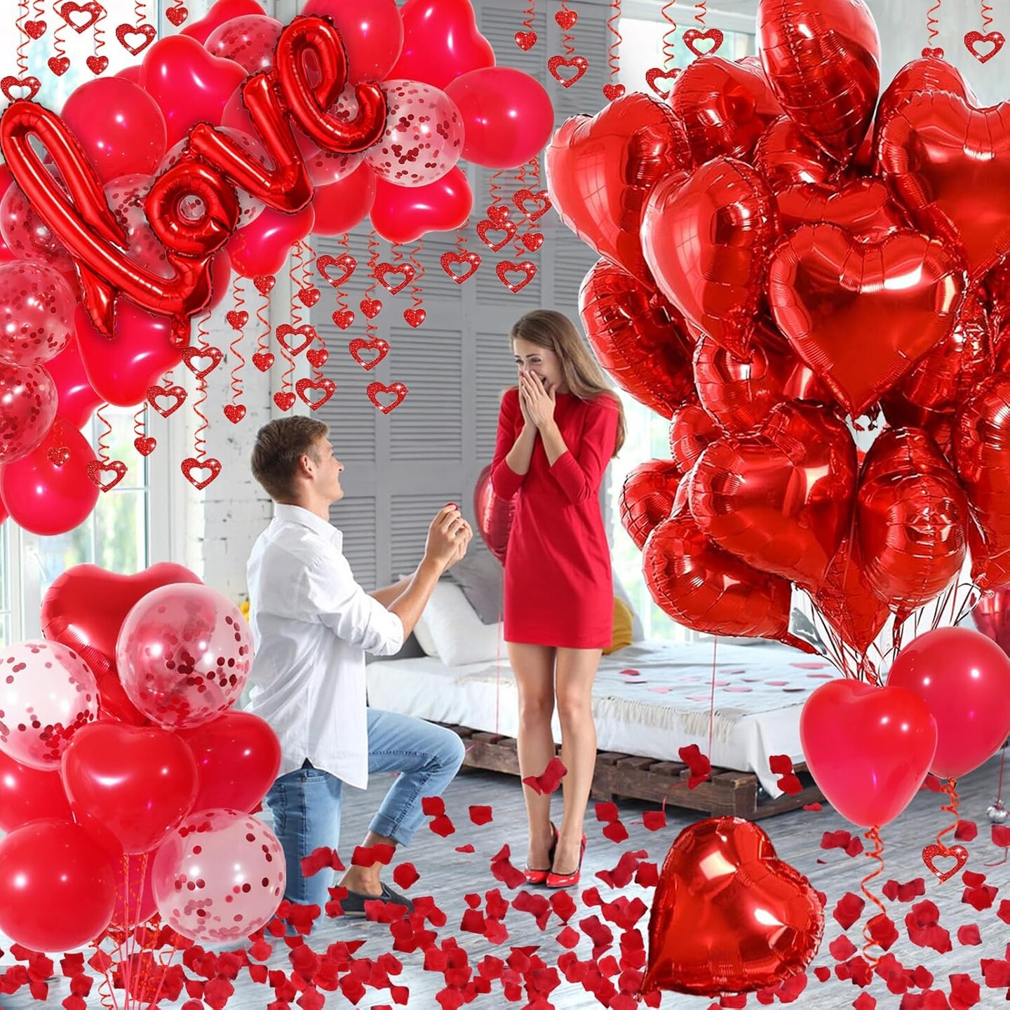 Red Party Decorations - Heart Balloons, Love Balloon &#x26; Rose Petals