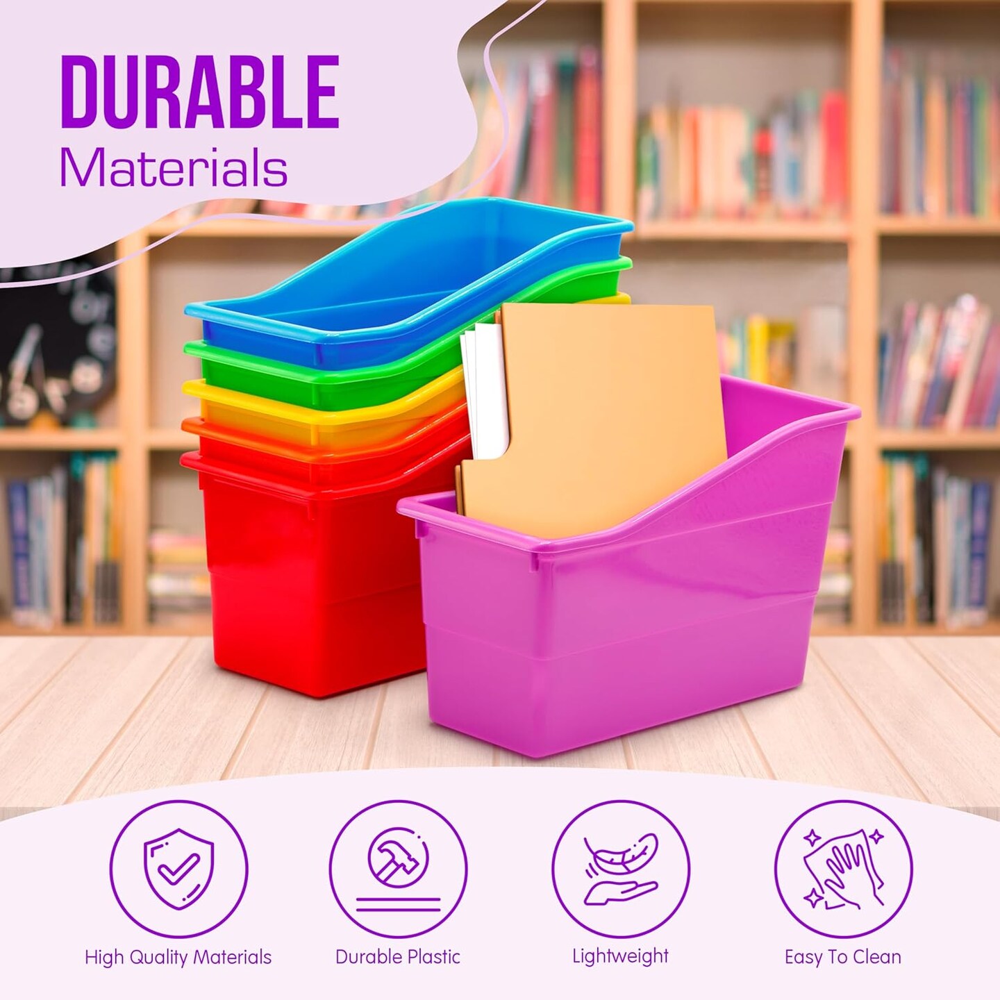 4E's Novelty 6 Durable Book and Binder Holder, Files Book Bins for Classroom, Plastic Vertical Storage Book Organizer Folder Office Classroom Organization Containers Supplies