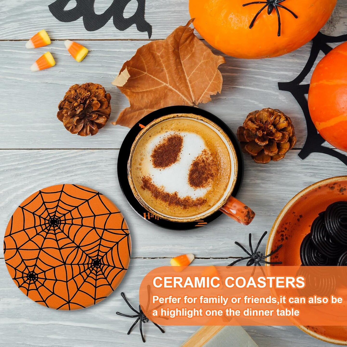 4Pcs Halloween Coasters Orange Black Round Ceramic Coaster Trick