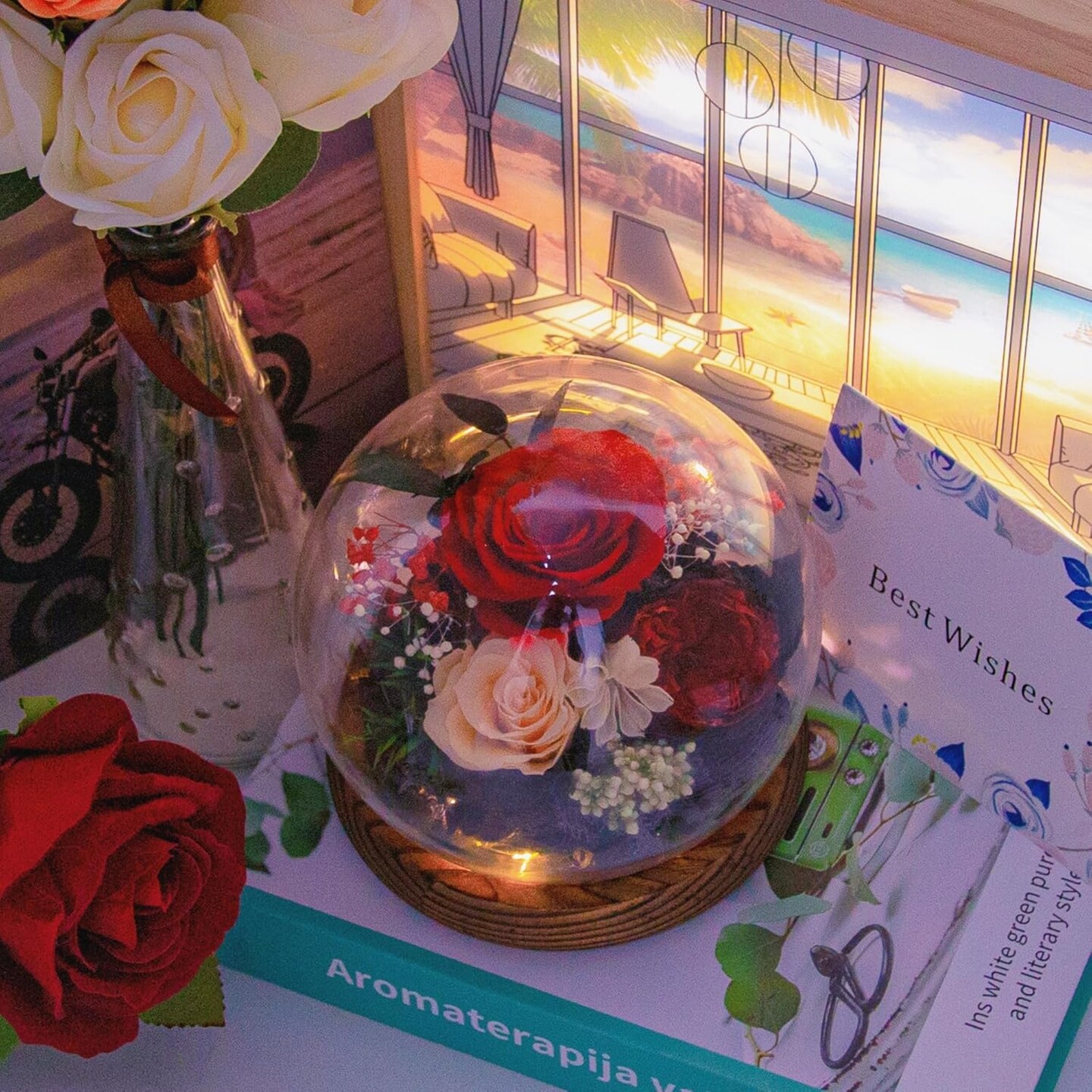 Women Preserved Red Real Rose Flowers in Glass Dome