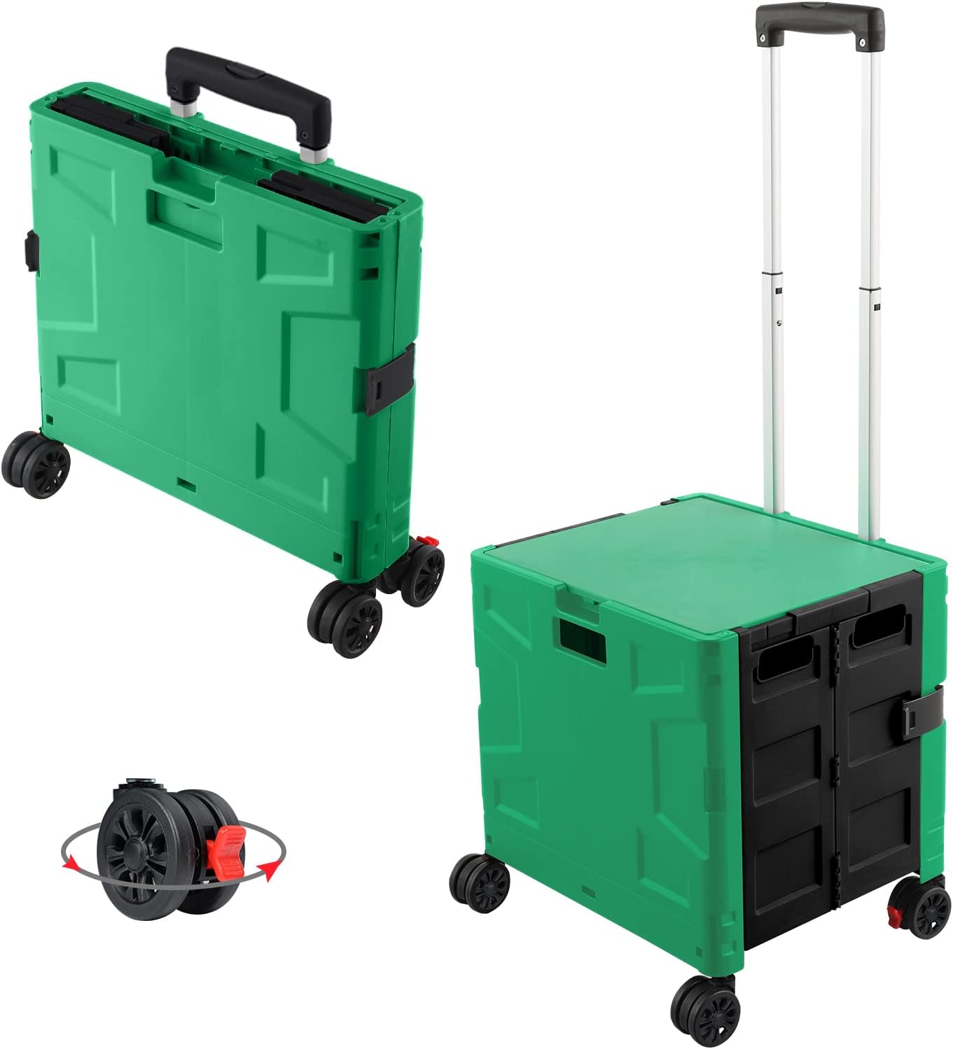Folding Utility Cart Rolling Crate Handcart with Durable Heavy Duty Plastic Telescoping Handle Collapsible Hidden Lid 4 Rotate Wheels for Travel Shop Move Office Teacher Use(Dark Green&Black)