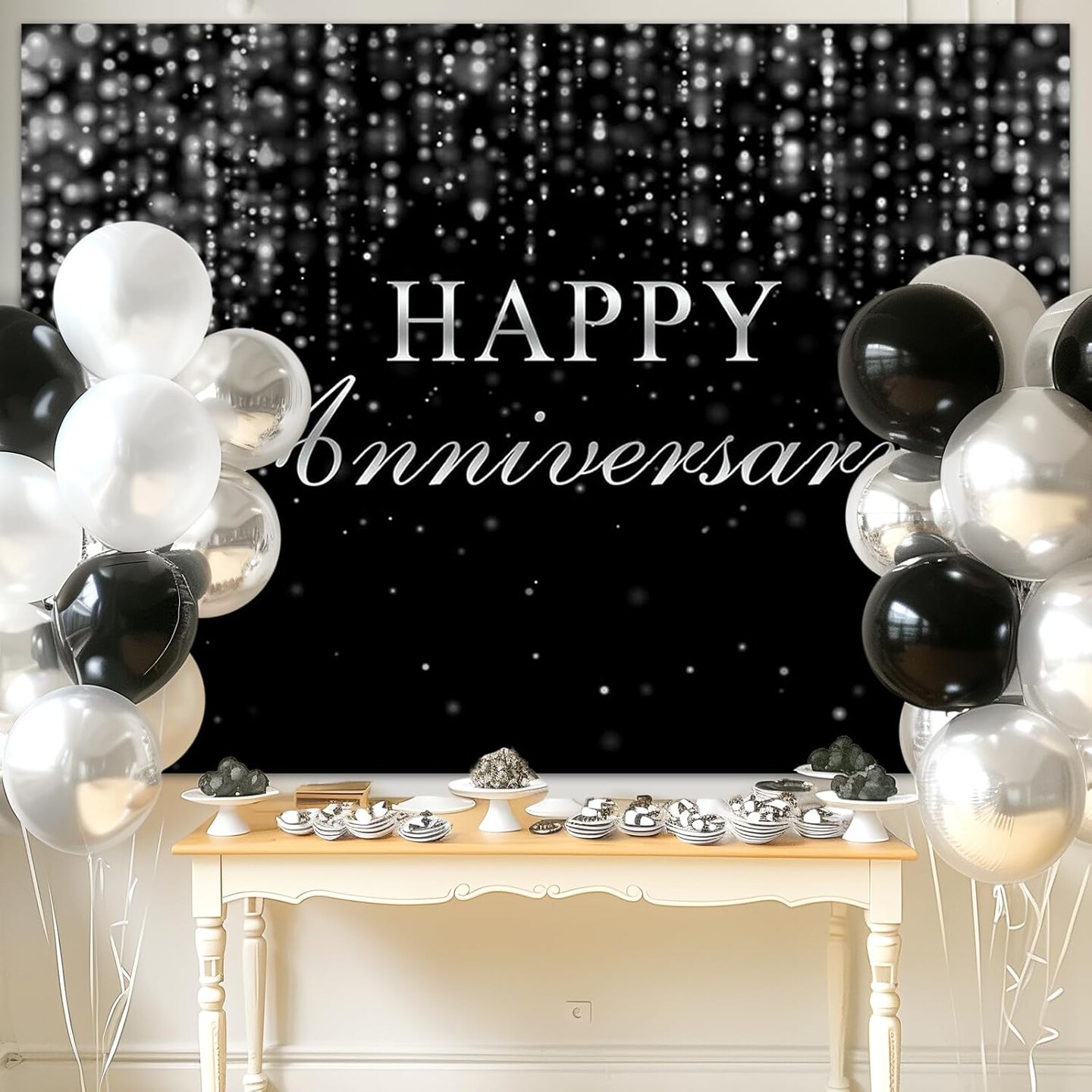 (7x5ft) Happy Anniversary Backdrop Black Silver Anniversary Background