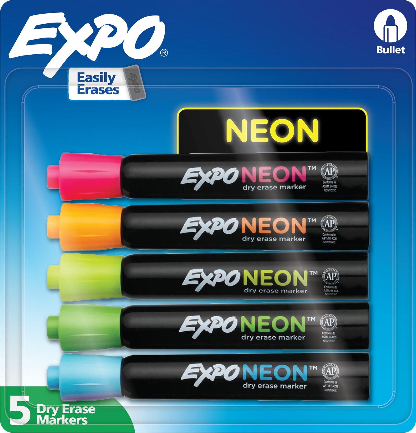 Expo Bullet Tip Dry Erase Markers 5/Pkg-Neon Colors