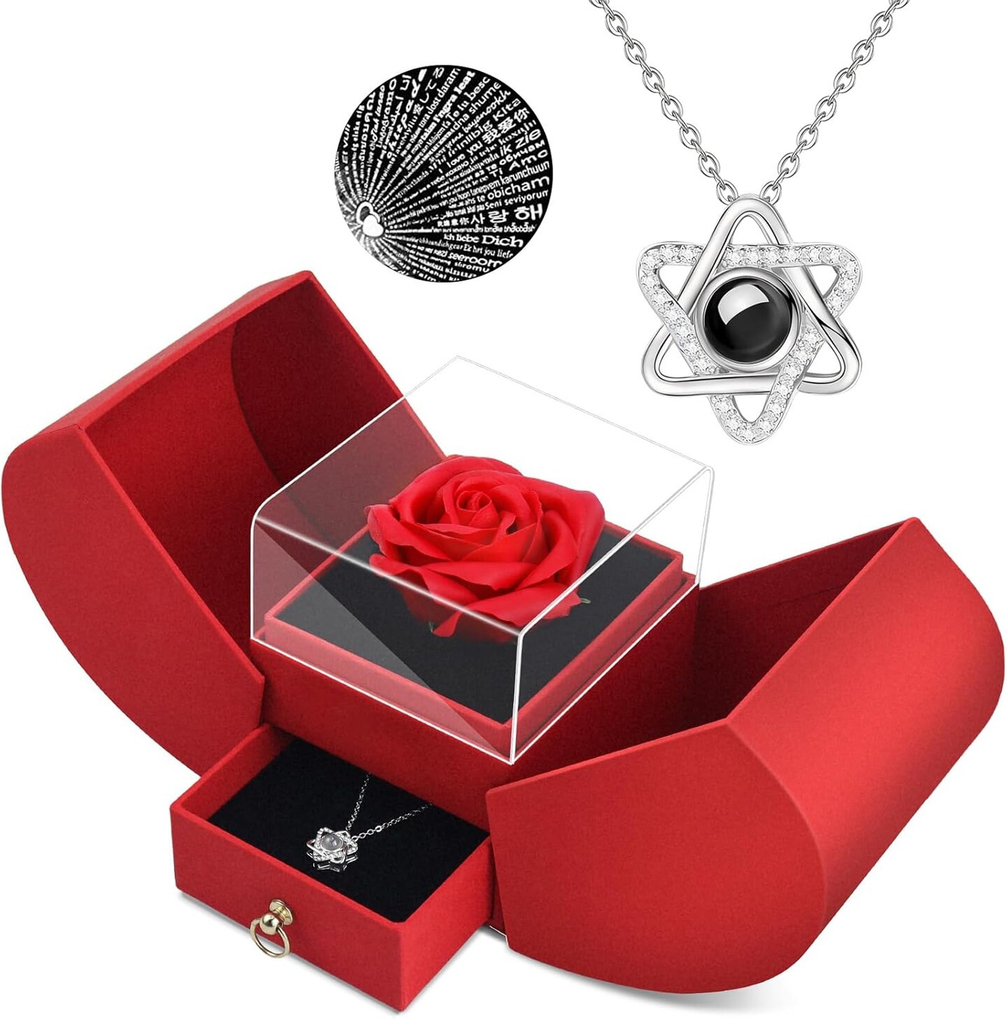 Preserved Red Real Rose Necklace 'I Love You' in 100 Languages