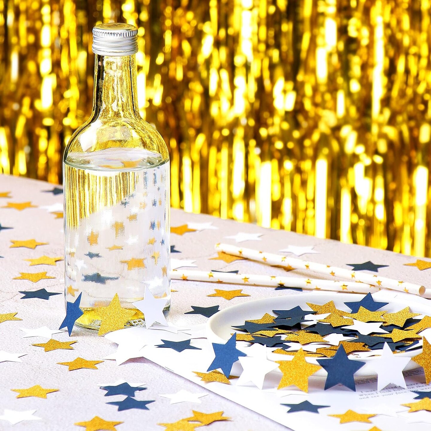 300pcs Navy Blue White Gold Confetti,Glitter Paper decor Twinkle Little Star Table Confetti,Birthday Graduation 2025 Fathers Day Wedding Baby Shower Party Decorations Circle Dots Lasting Surprise