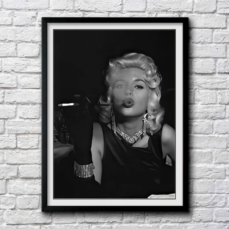 Jayne Mansfield blowing smoke c. 1950, black and white, multiple sizes,  classic Hollywood, old movie stars: 1571 | MakerPlace by Michaels, image size:1080x1079