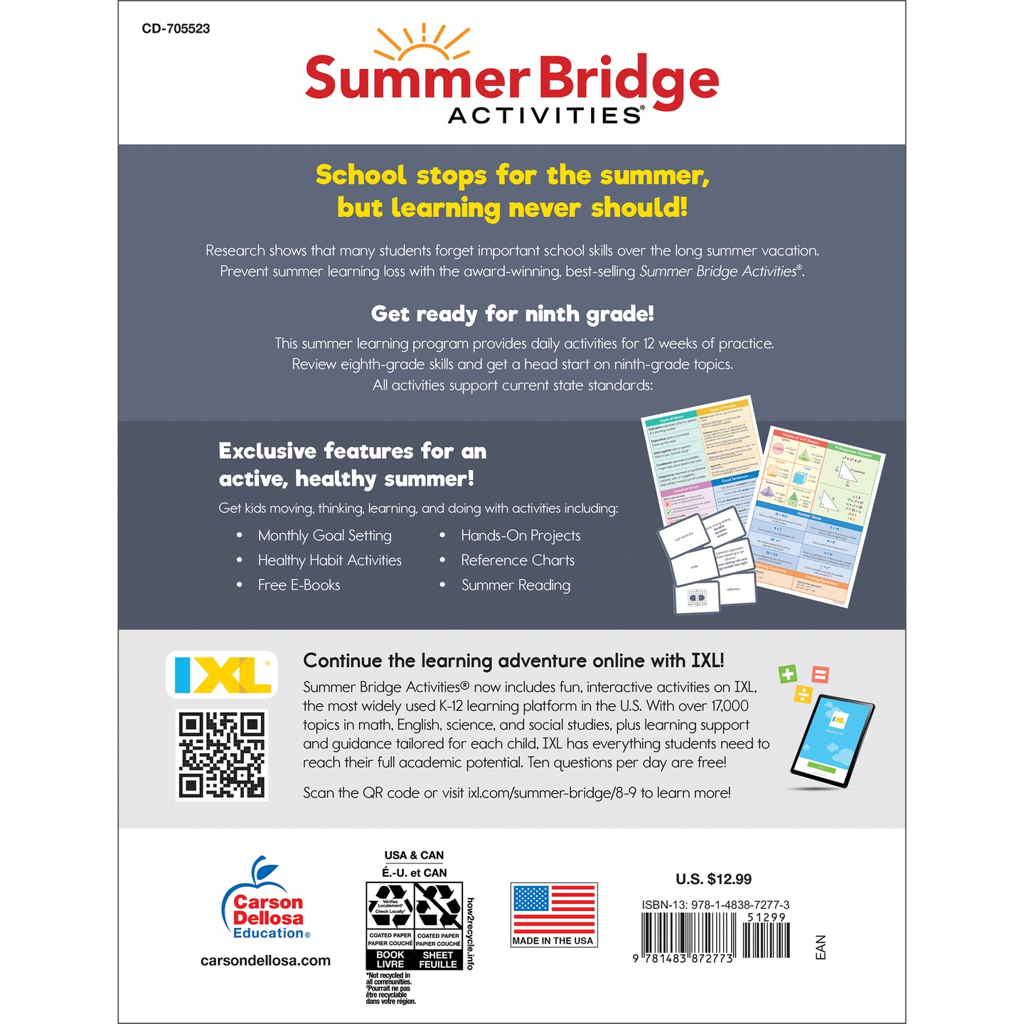 Summer Bridge Activities 8th Grade to 9th Grade Workbooks All Subjects, Math, Language Arts, Science, Social Studies, Fitness, Eighth Grade &#x26; Ninth Grade Workbook With Flash Cards, eBooks &#x26; More