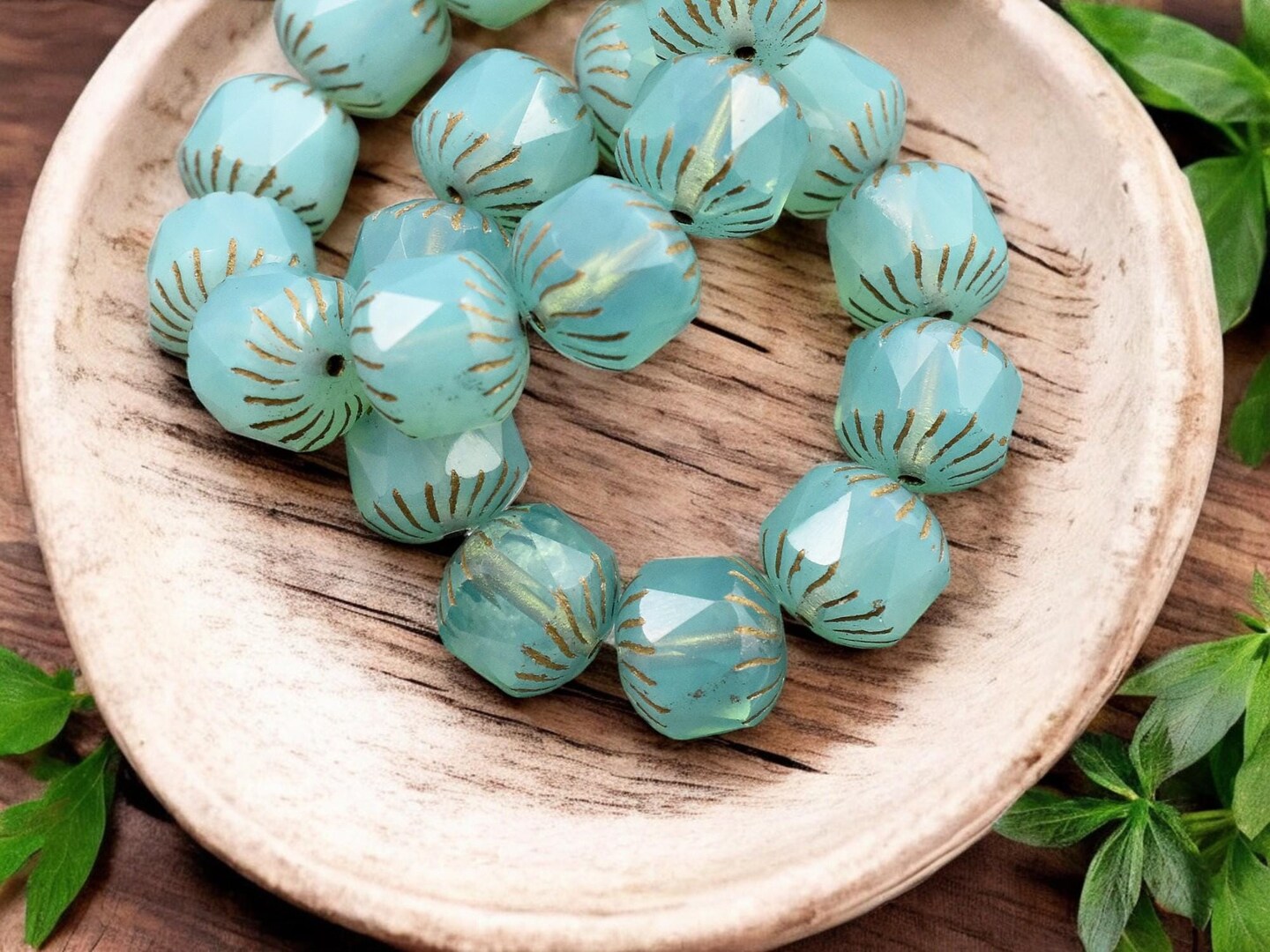 *10* 10mm Bronze Washed Aqua Blue (Vaseline Glass) Center Cut Cruller Beads