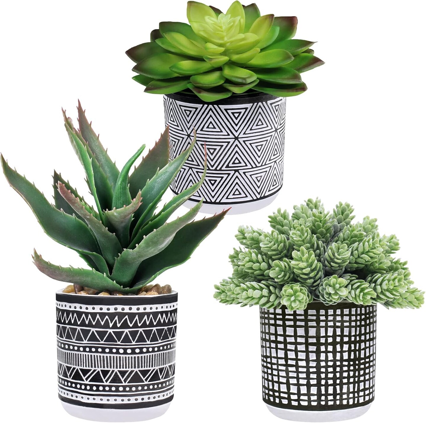 Set of 3 Small Potted Artificial Succulents – Faux Mini Succulent Arrangement in Black & White Geometric Concrete Pots for Modern Home, Office, Windowsill & Table Decor