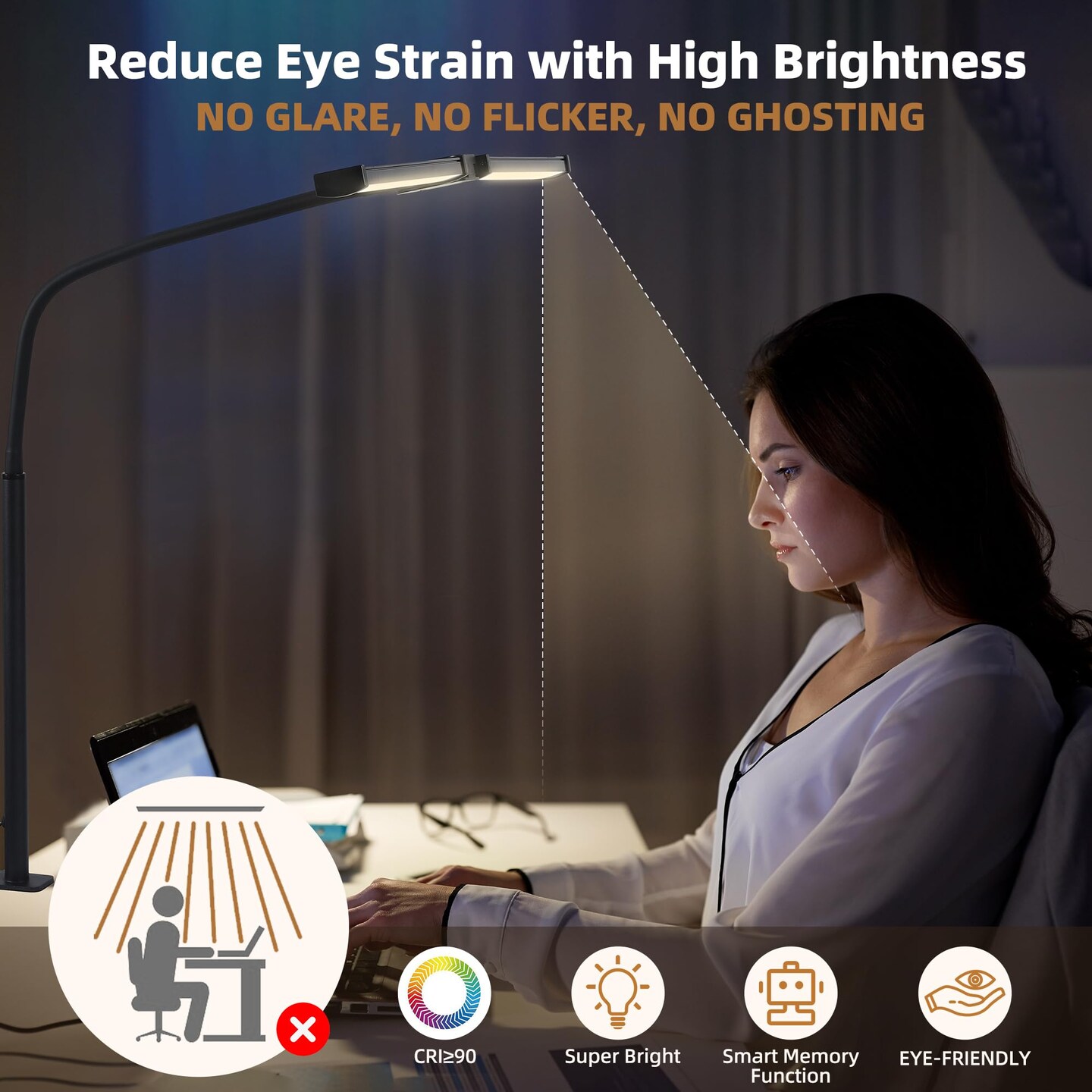 Led Desk Lamp for Home Office, Eye-Care Architect Light with Clamp, Smart Double Head Computer Monitor Table Clip Lamp, Adjustable Flexible Goose-Neck, 25 Lighting Models, Task Lamp, Black