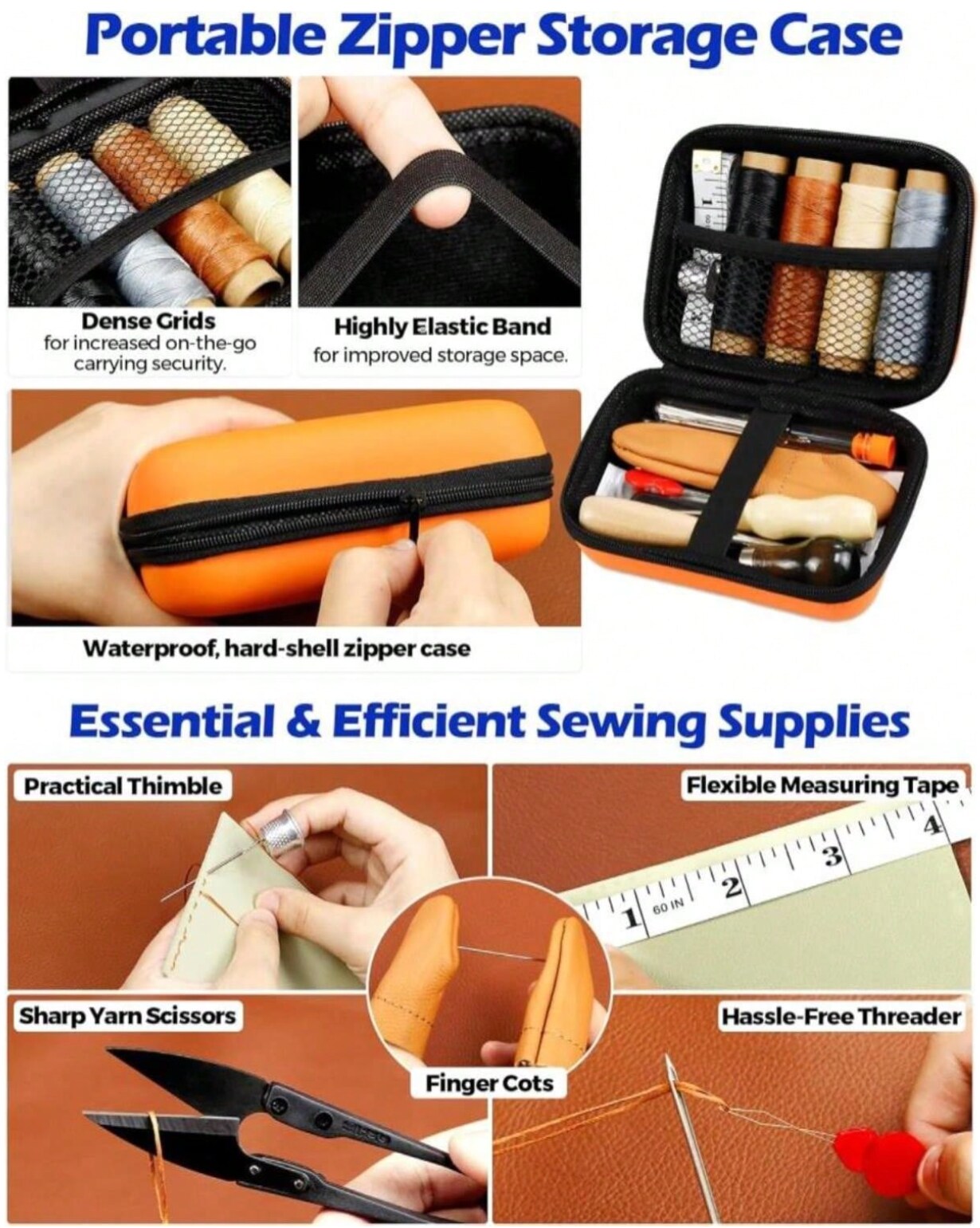 Leather Repair Sewing Kit – 31pcs Leather Working Tools with Pro Waxed Thread, Large Eye Hand Sewing Needles & 3 Versatile Awls – Heavy Duty Sewing Kit for Car Upholstery, Vinyl, Canvas & More