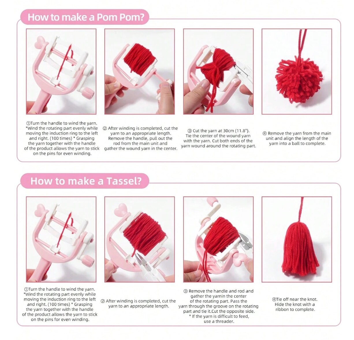 Plastic Pink Pom-Pom & Tassel Rolling Maker – DIY Tassel Tool for Handmade Lovers – Easy Yarn Tassel and Pom-Pom Maker for Crochet, Knitting, Crafting & Gift Wrapping