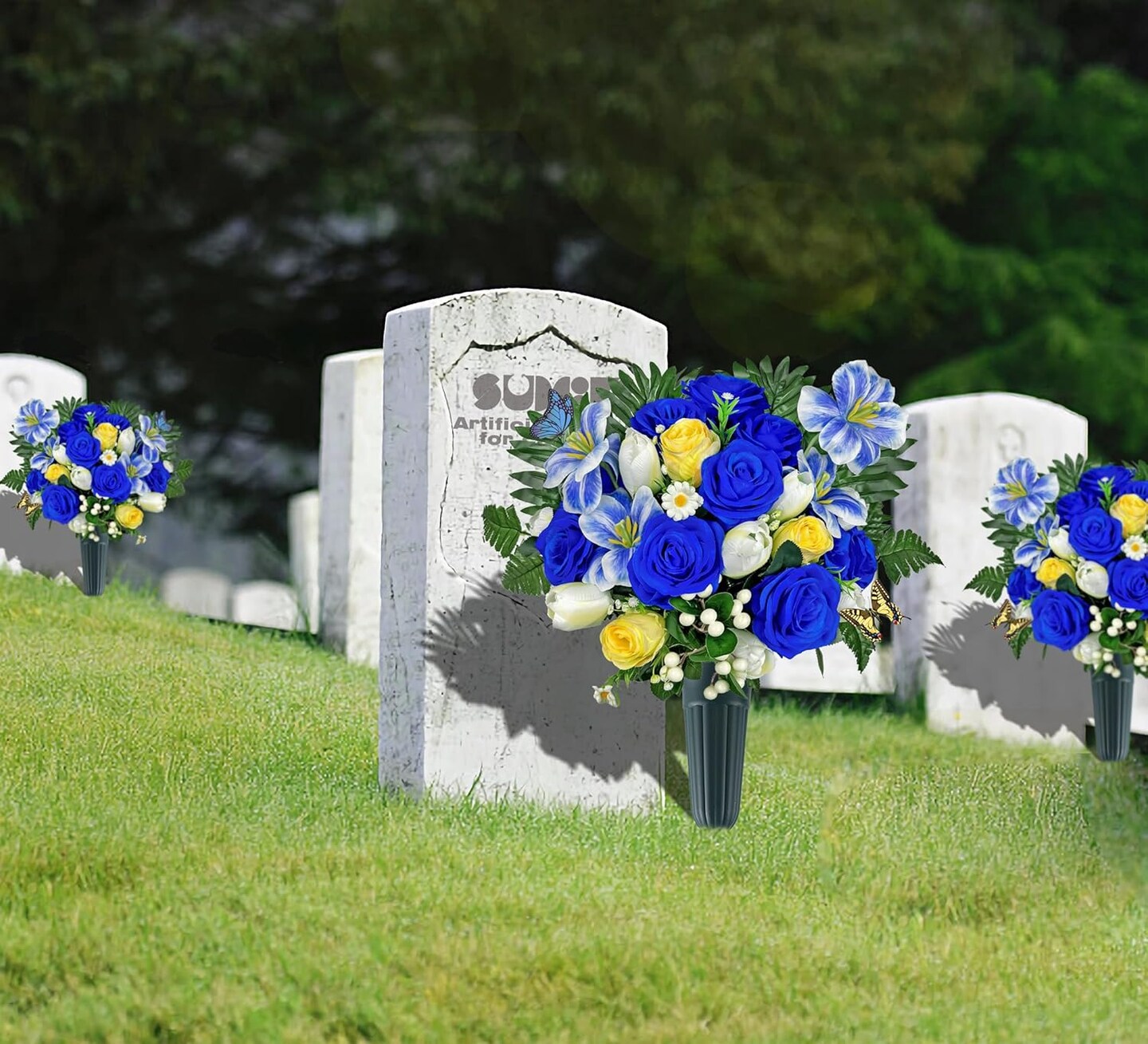 Artificial Cemetery & Memorial Flowers with Vase – Blue Silk Rose & Tulip Gravesite Bouquet, Outdoor Headstone Decoration, Weather-Resistant Memorial Arrangement