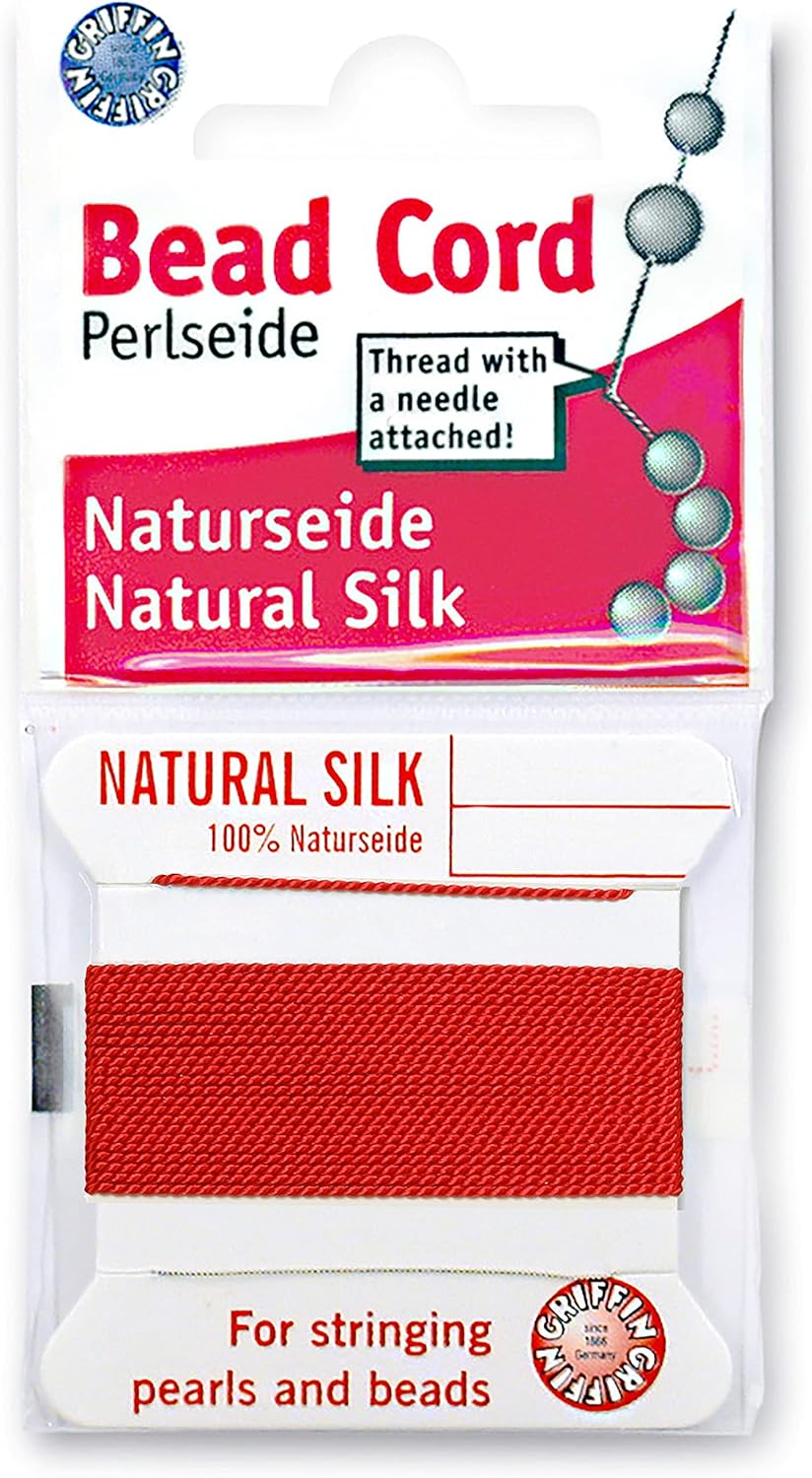Griffin Silk Bead Cord Perlseide – Size 10 (0.90mm) – 2 Meters per Card – Stainless Steel Needle Attached – for Knotting Pearls, Gemstones, Crystals and Beads
