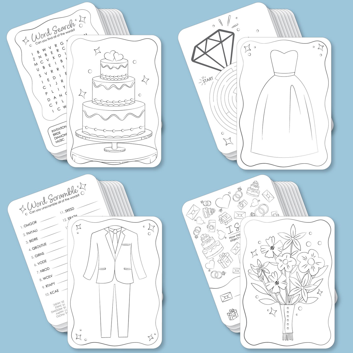 Big Dot of Happiness Wedding Kids Table Coloring Activity Cards, Wedding-Themed Games for Children, Double-Sided Gamerific Bundle - 40 Count