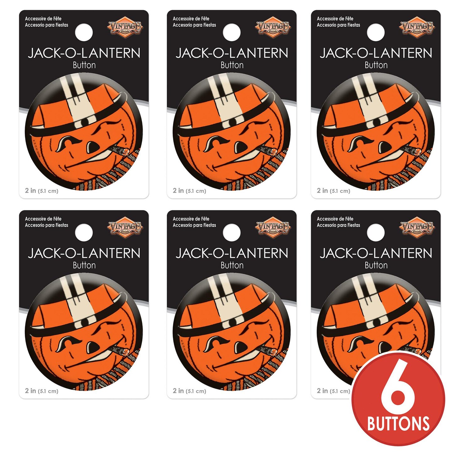 6 Pack Beistle Vintage Halloween JOL Button- Orange Pumpkin