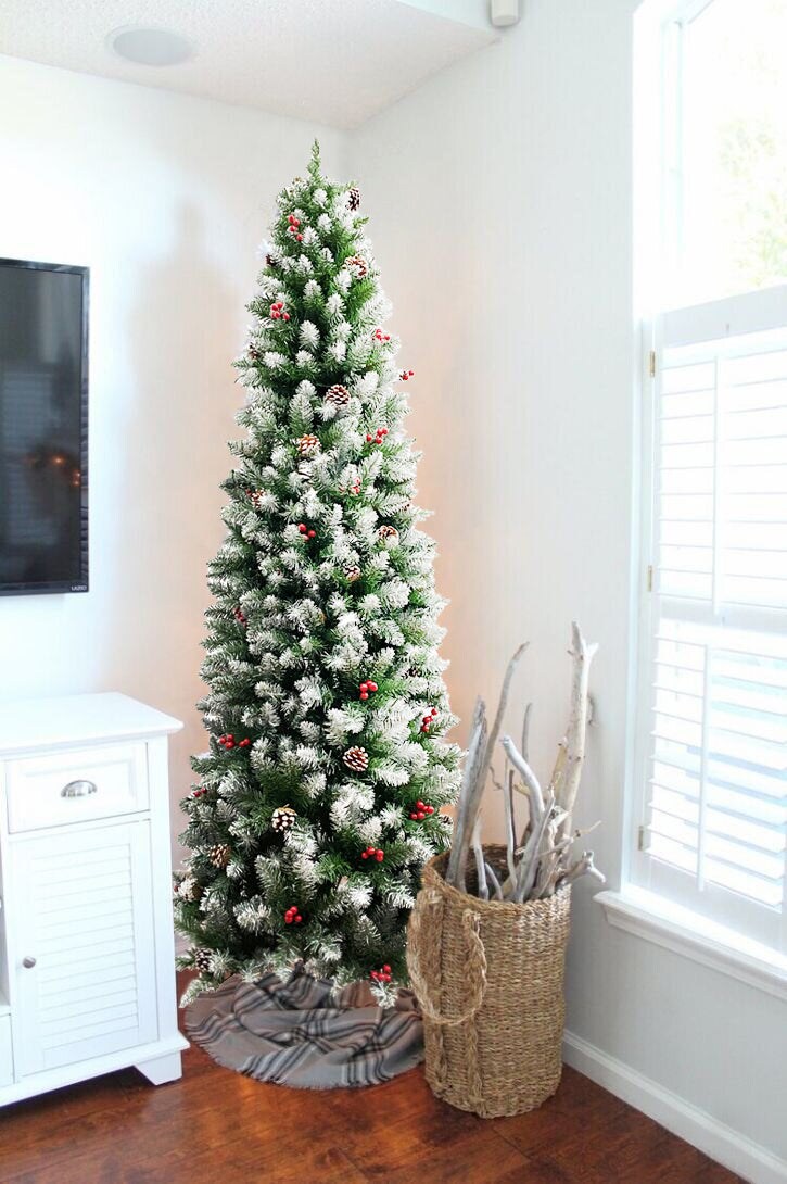 Frosted Norwood Pencil Pine with Pine Cones &#x26; Red Berries and Metal Stand