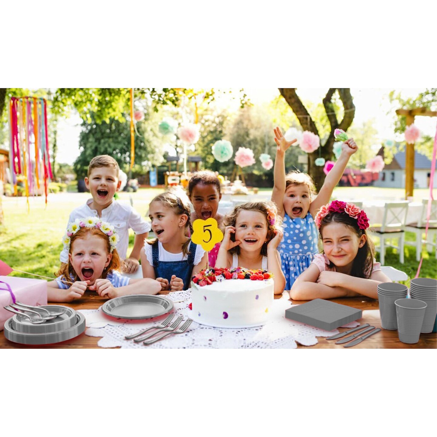 Exquisite 350 Pcs Plastic Plates for Party – Disposable Plates Set – 50 Each of 9" Dinner Plates, 7" Dessert Plates, Plastic Cups, Napkins & Plastic Cutlery – Plastic Dinnerware by Party Solids